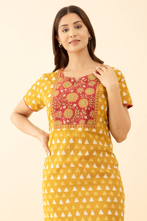 Mustard Embroidered Nighty Geometric Floral Printed
