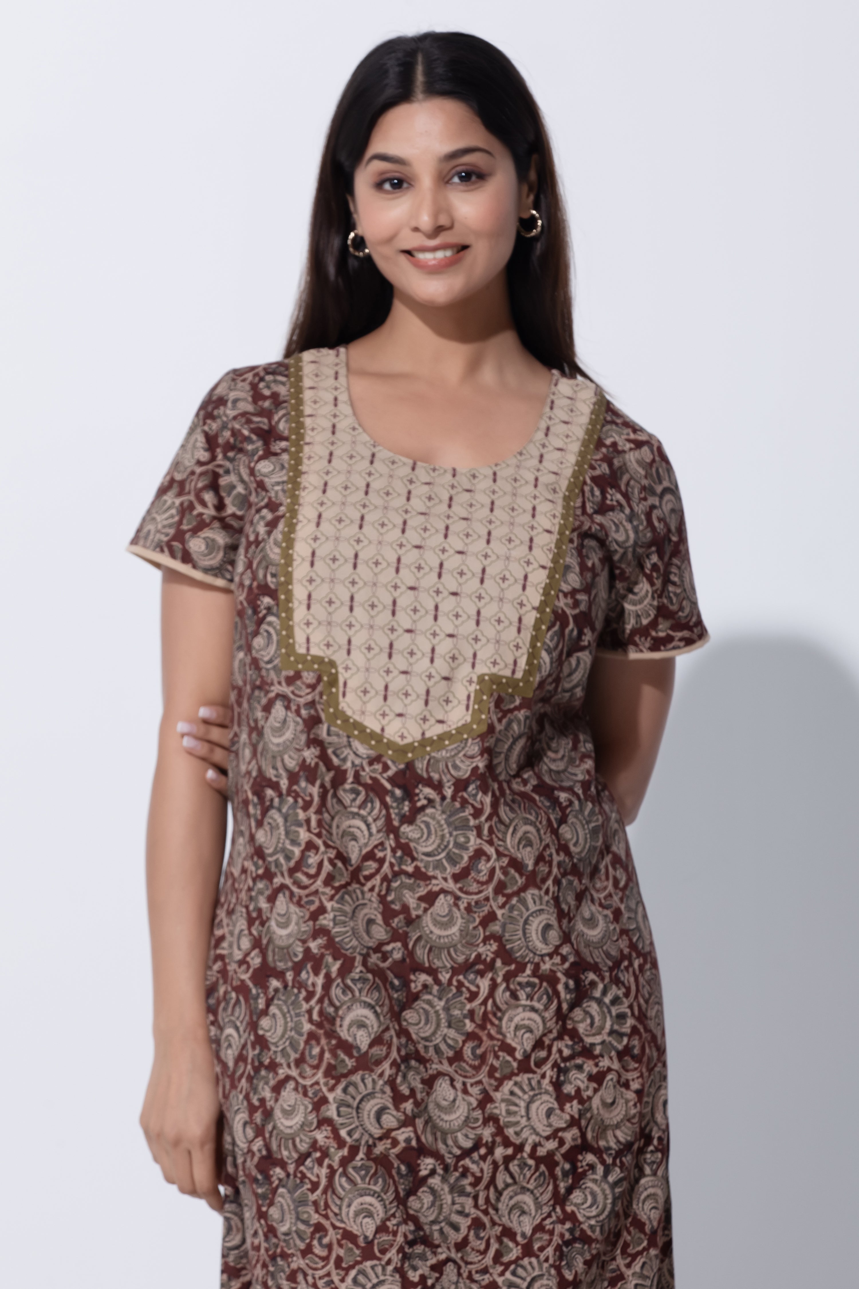 Brown Kalamkari Cotton Nightwear with Floral Block Printed Yoke