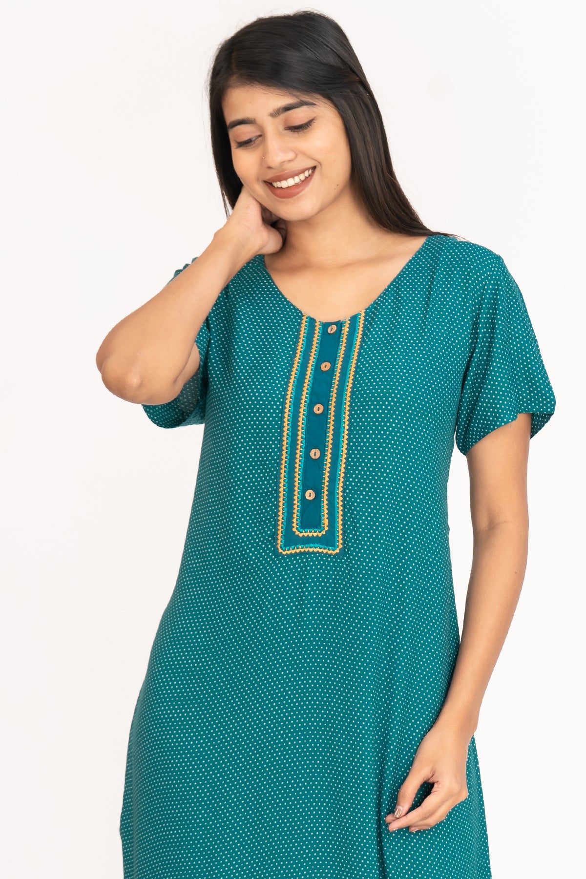 All Over Ditsy Polka Dot Print With Contrast Embroidered Yoke Nighty - Green