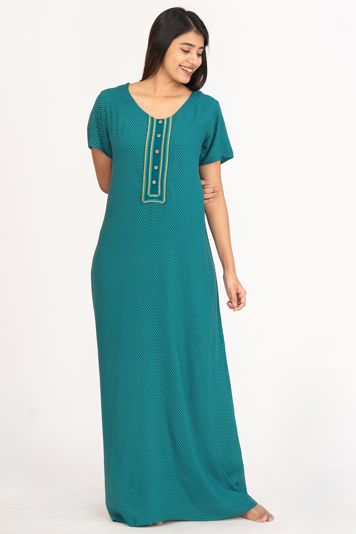 All Over Ditsy Polka Dot Print With Contrast Embroidered Yoke Nighty Green