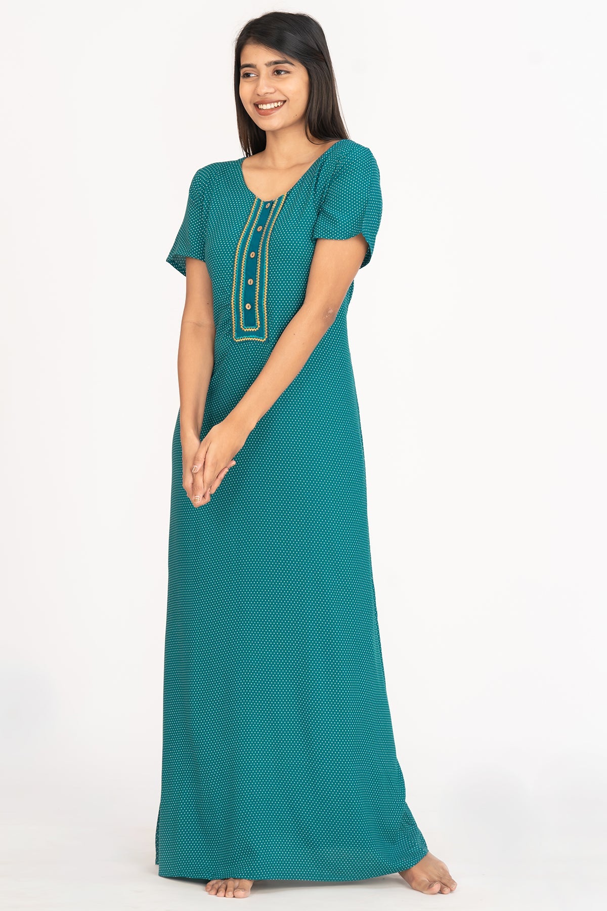 All Over Ditsy Polka Dot Print With Contrast Embroidered Yoke Nighty - Green