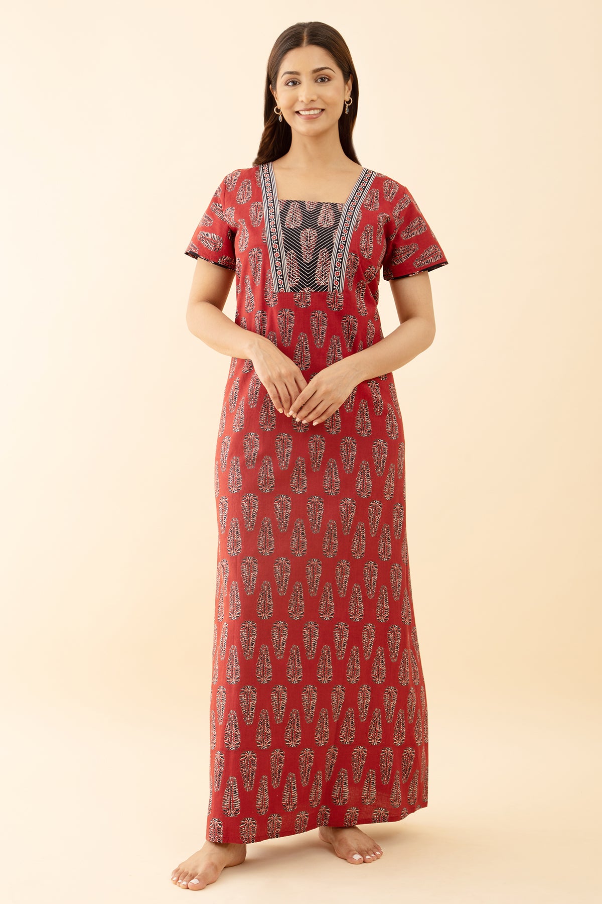 Ajrakh Printed Cotton Nighty Red Color