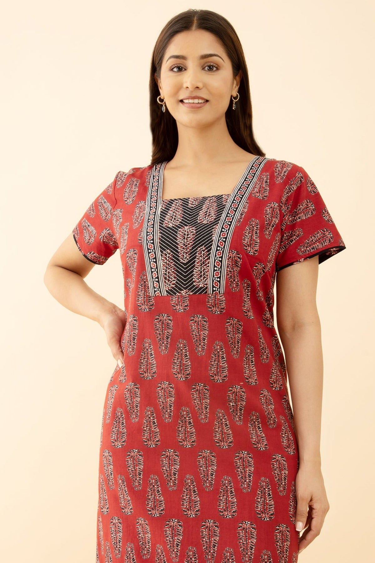 Ajrakh Printed Cotton Nighty Red Color