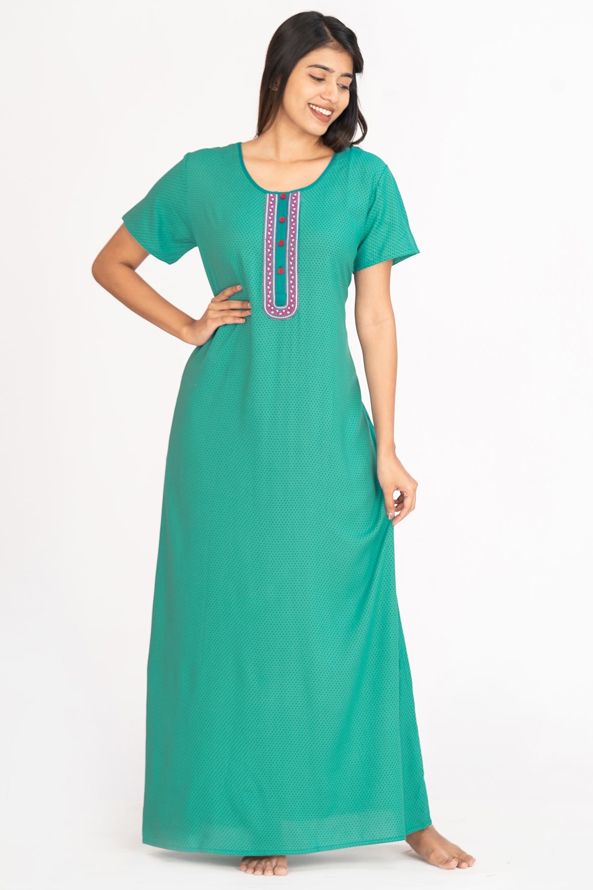 All Over Ditsy Polka Dot Printed With Embroidered Yoke Nighty - Green