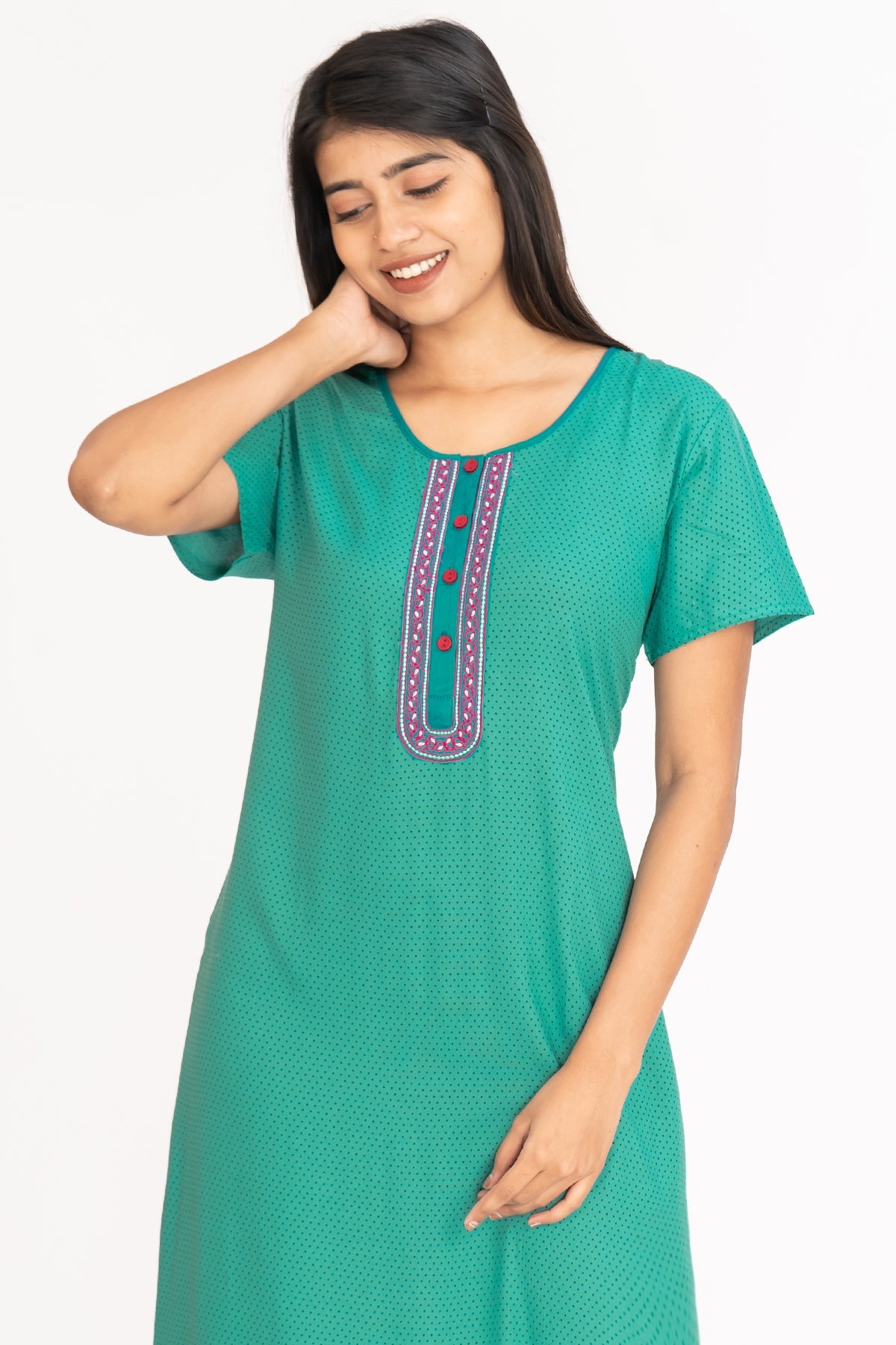 All Over Ditsy Polka Dot Printed With Embroidered Yoke Nighty - Green