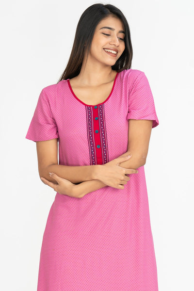 All Over Ditsy Polka Dot Printed With Embroidered Yoke Nighty - Pink