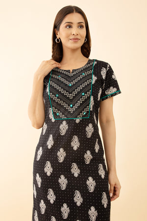 Black Printed Embroidered Nighty Stylish Mirror Paisley Design
