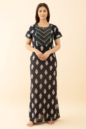 Black Printed Embroidered Nighty Stylish Mirror Paisley Design
