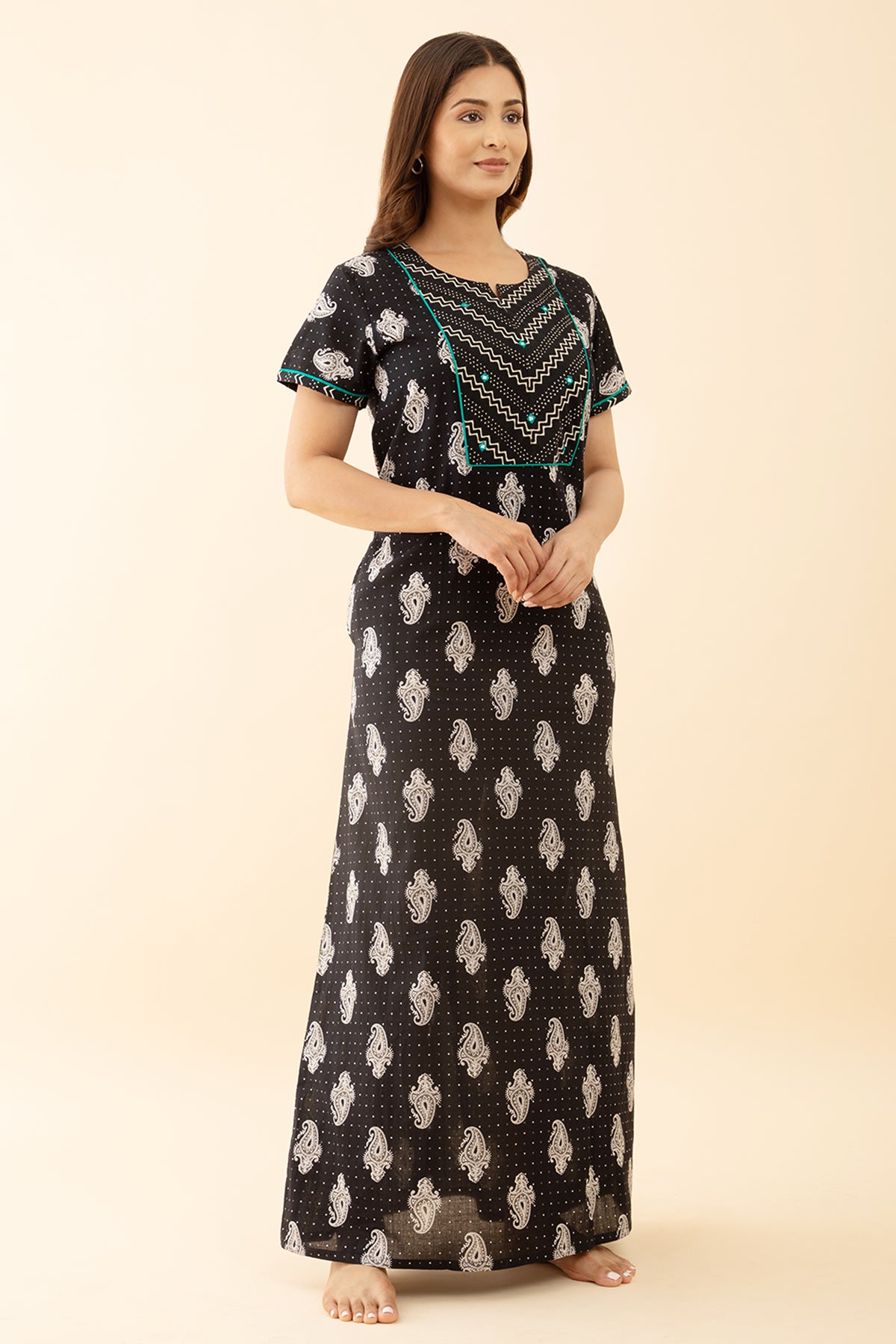 Black Printed Embroidered Nighty Stylish Mirror Paisley Design
