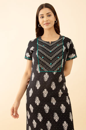 Black Printed Embroidered Nighty Stylish Mirror Paisley Design
