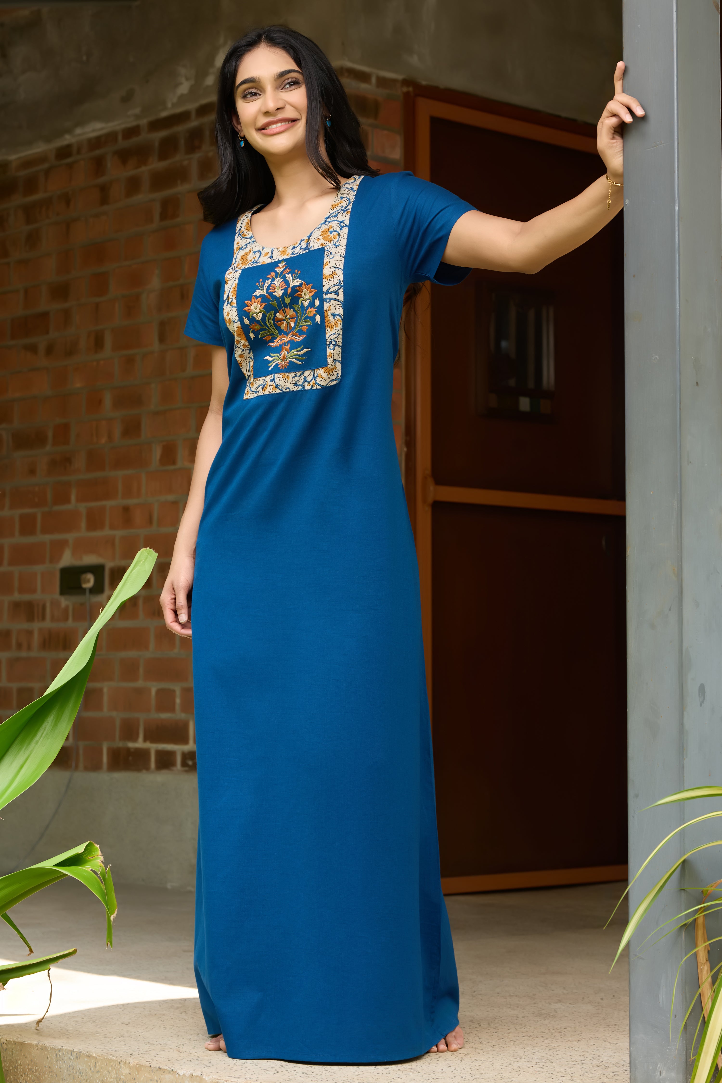 BLUE COTTON NIGHTWEAR WITH KALAMKARI EMBROIDERED YOKE