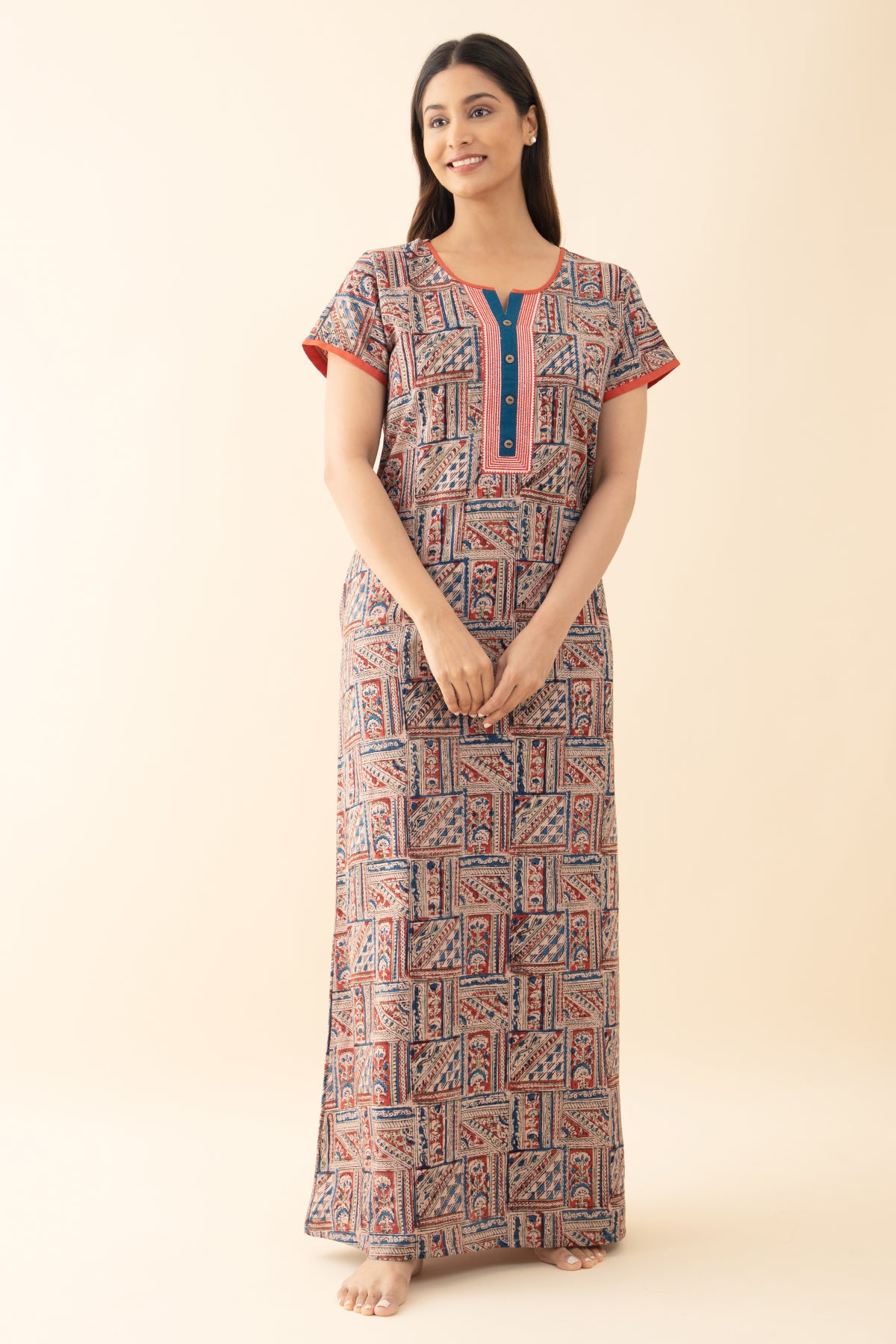 Kalamkari Printed Nighty - Red