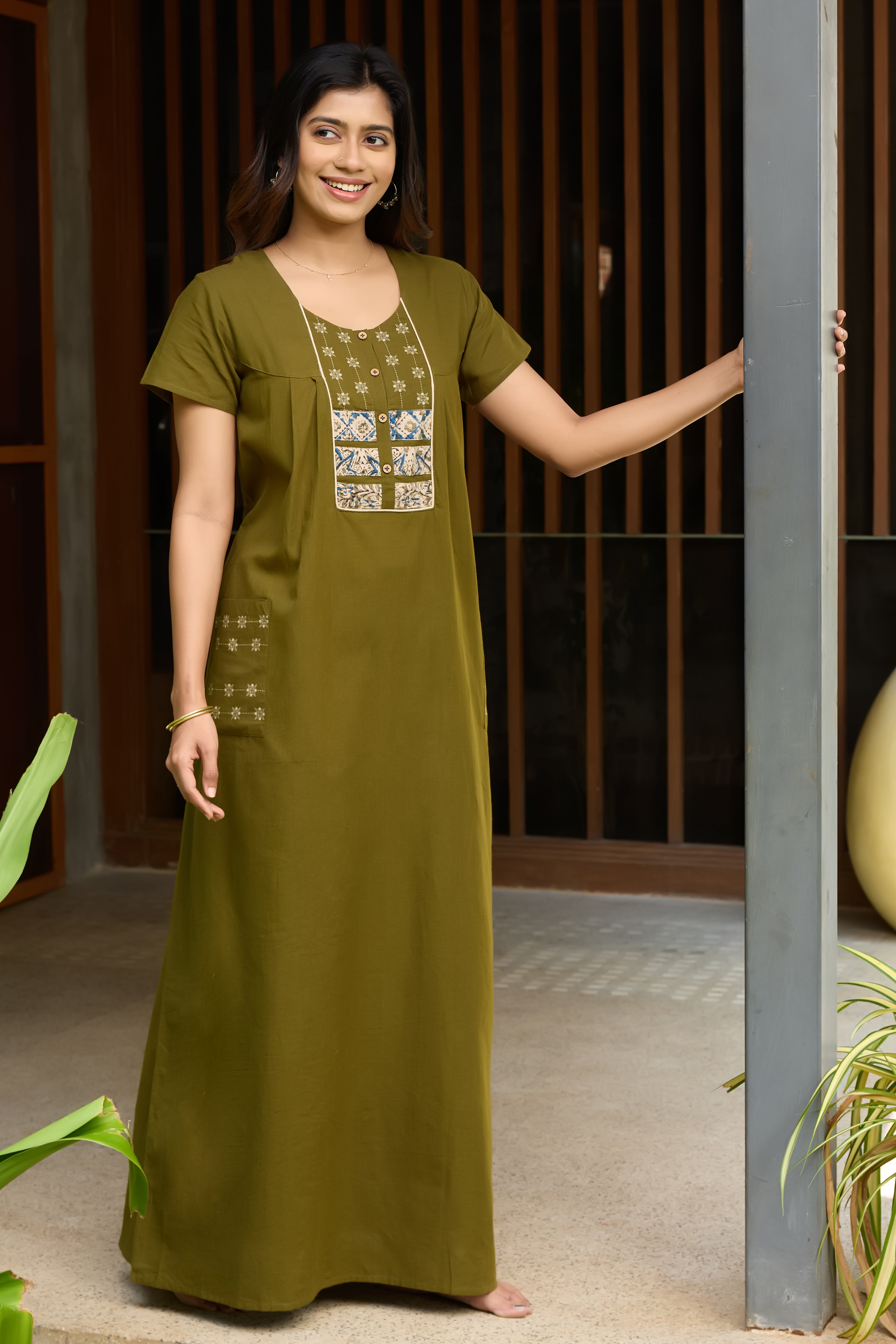 Green Solid Cotton Nightwear with Striped Kalamkari Yoke