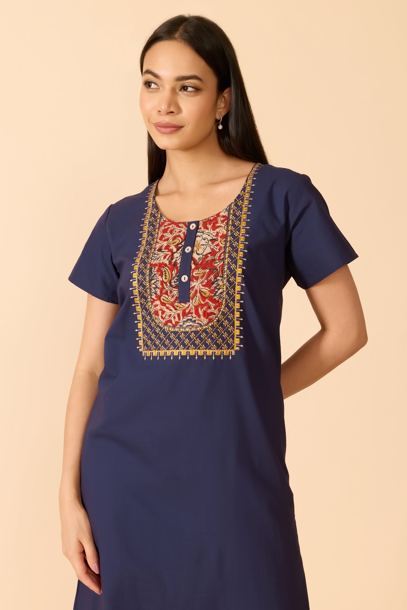 BLUE COTTON KALAMKARI YOKE NIGHTWEAR