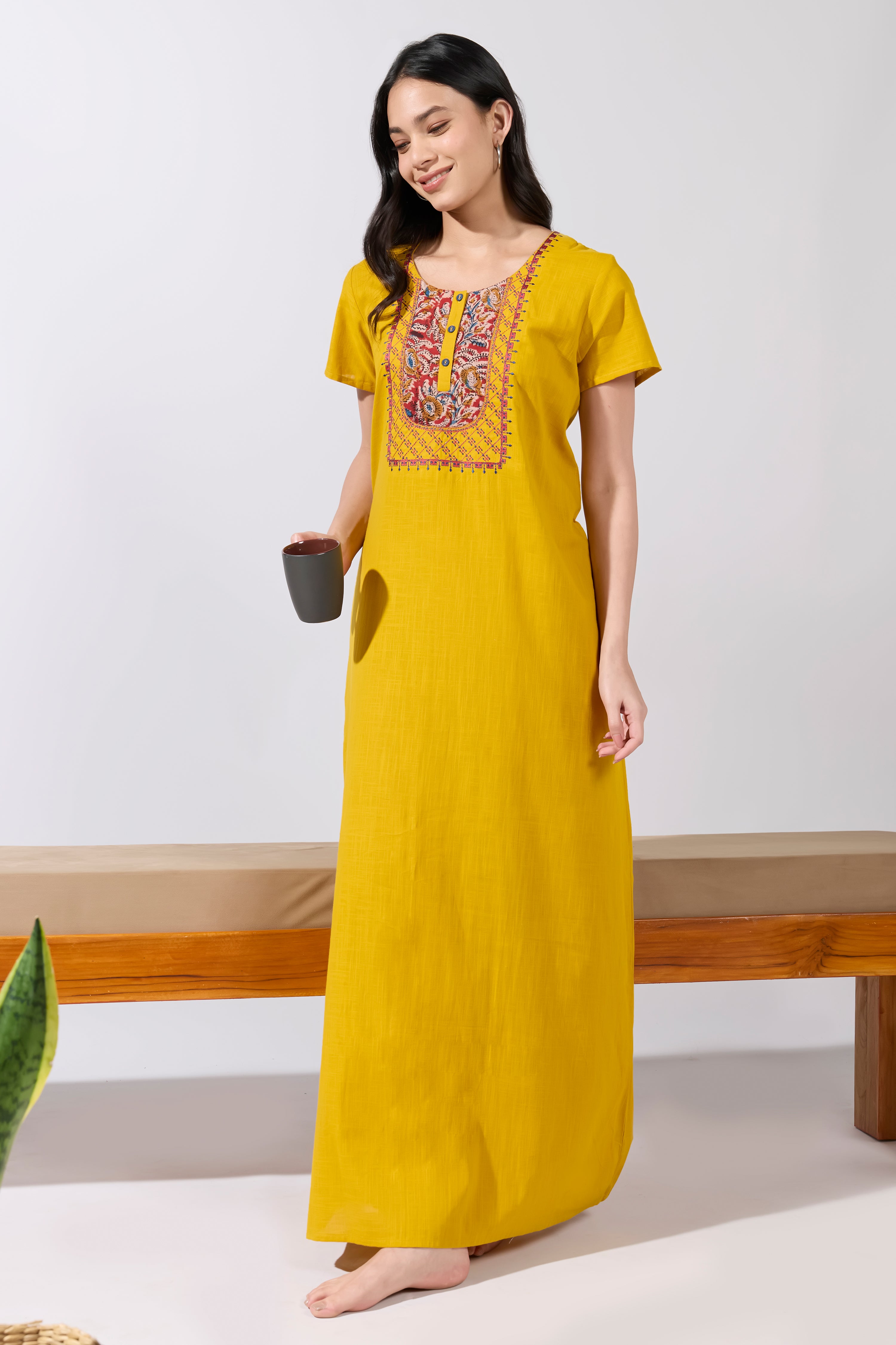 MUSTARD COTTON KALAMKARI YOKE NIGHTWEAR