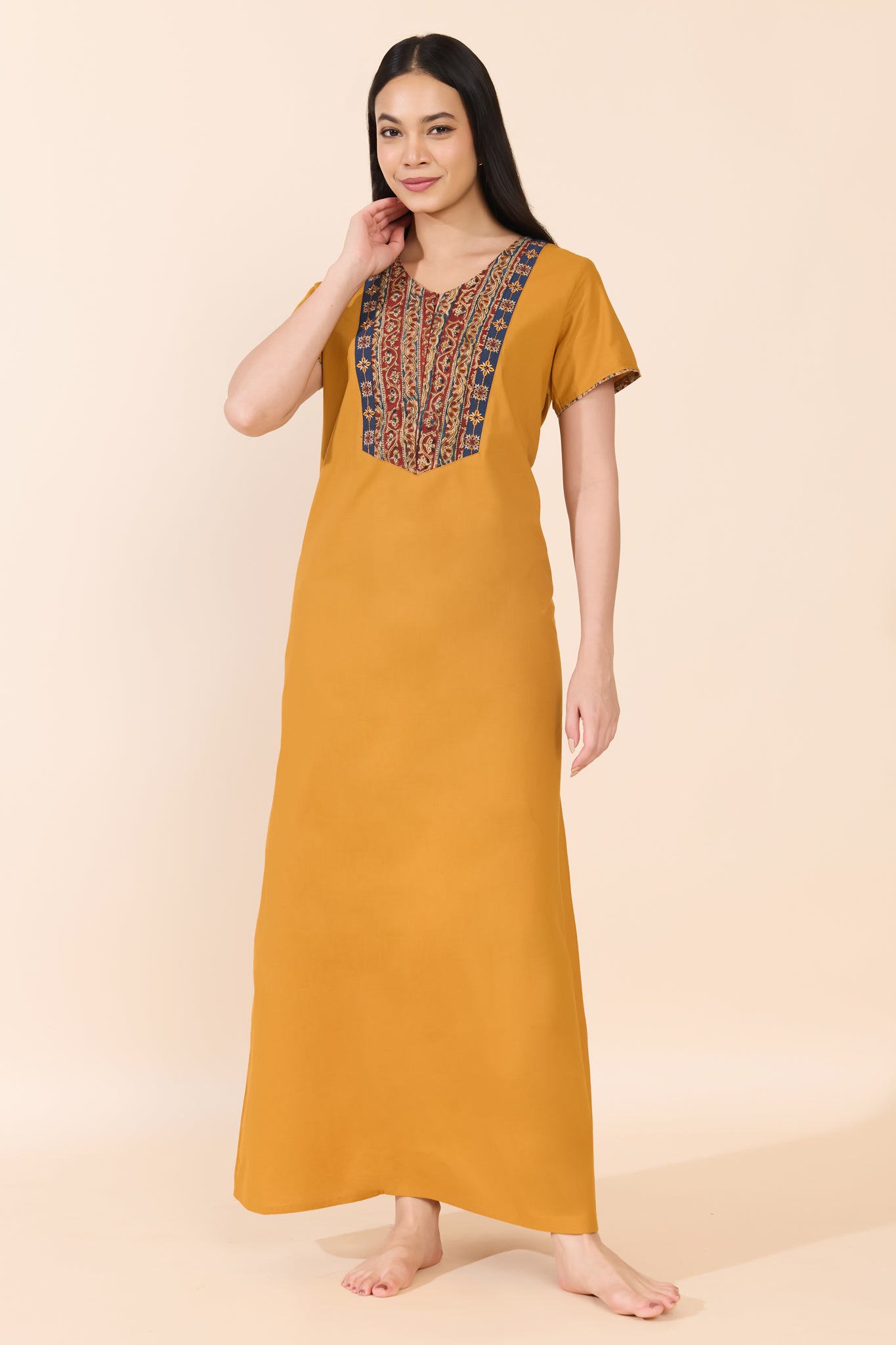 MUSTARD SOLID KALAMKARI YOKE COTTON NIGHTWEAR