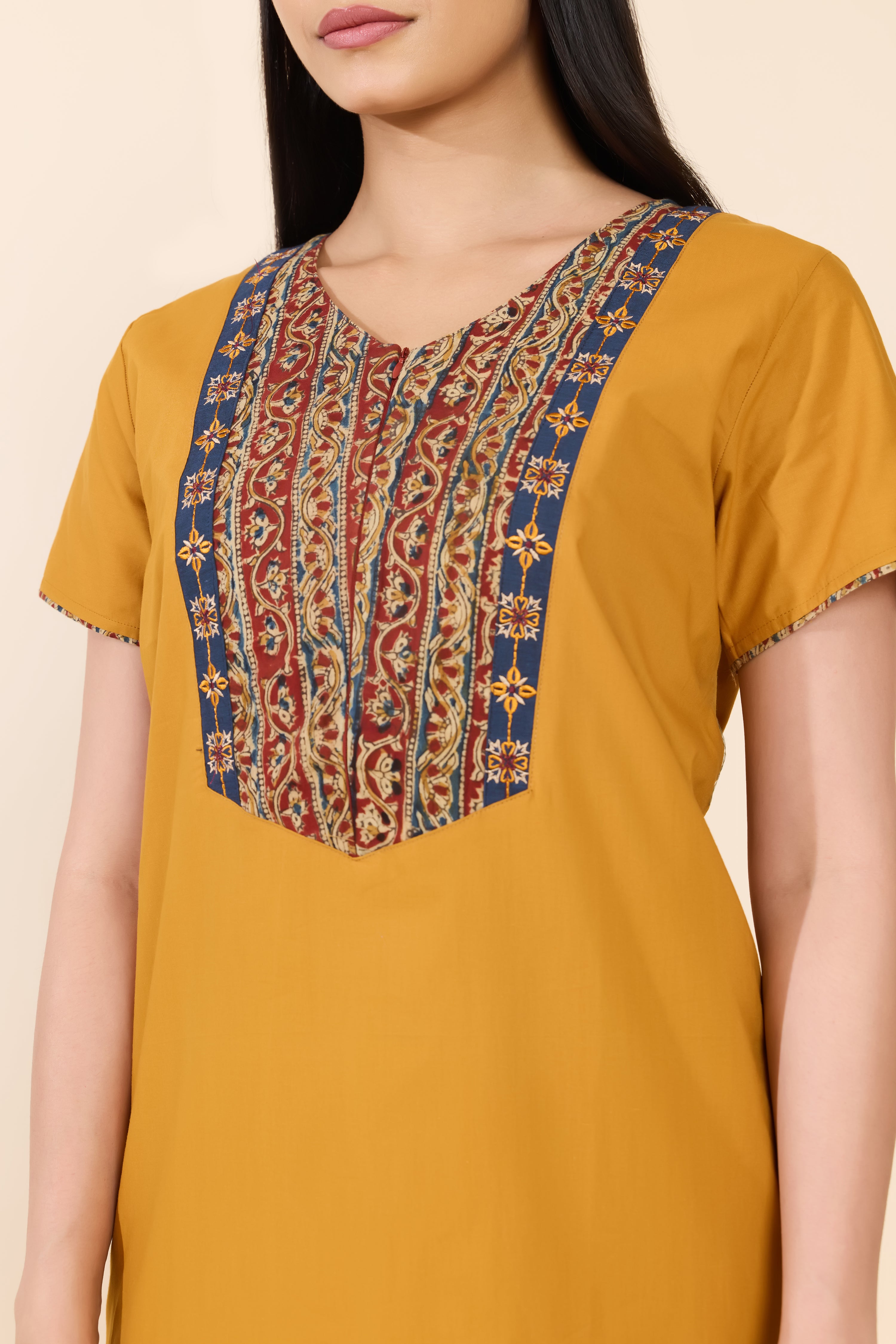 MUSTARD SOLID KALAMKARI YOKE COTTON NIGHTWEAR
