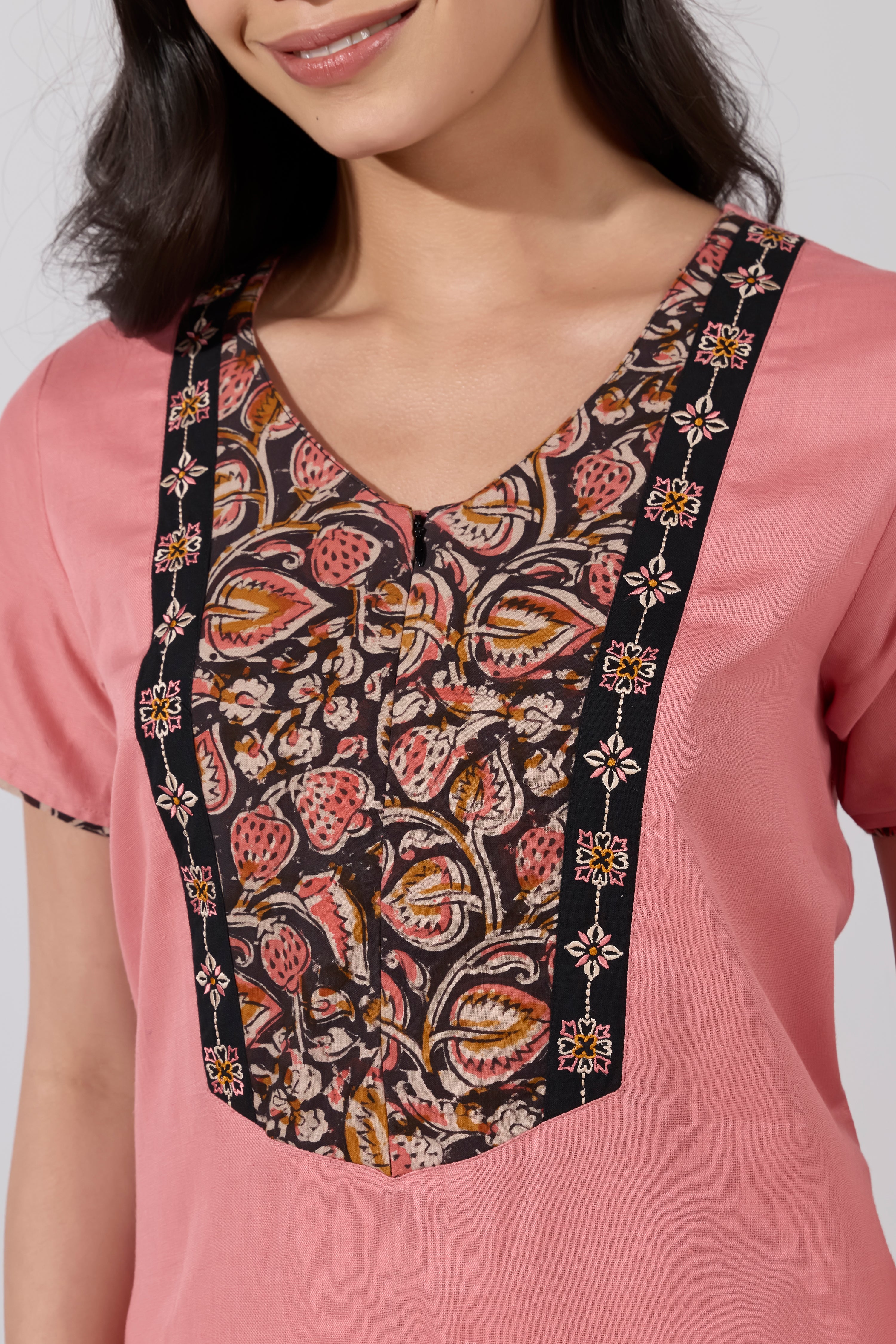 PINK COTTON NIGHTWEAR WITH KALAMKARI YOKE