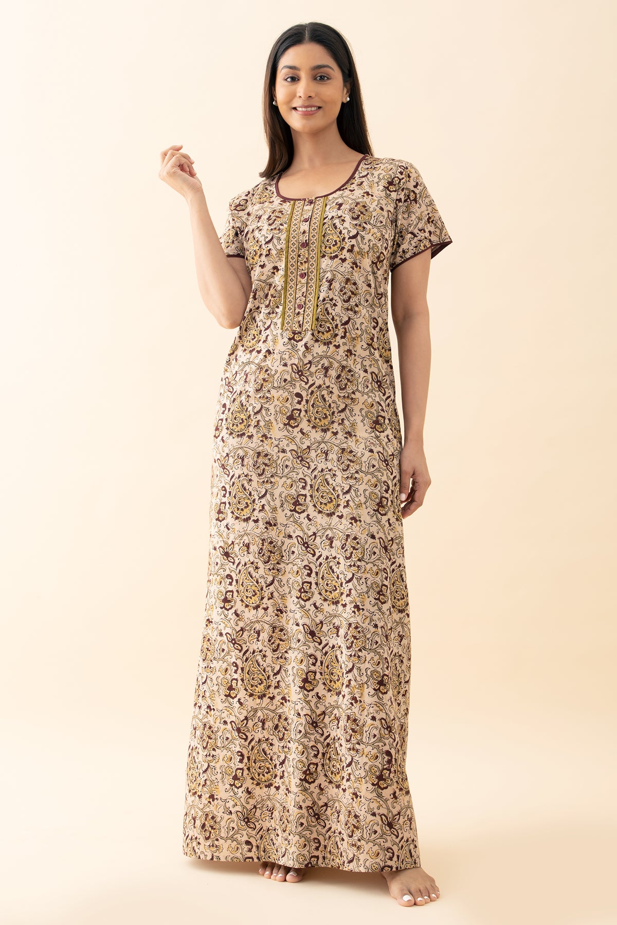 Kalamkari Printed Nighty - Brown