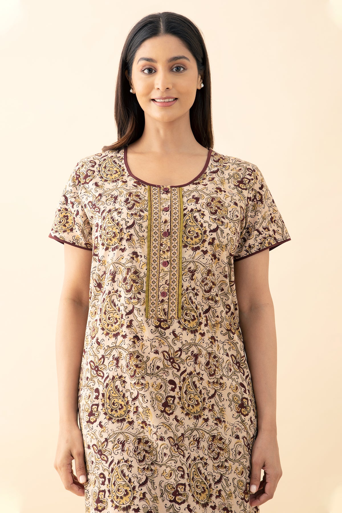 Kalamkari Printed Nighty - Brown