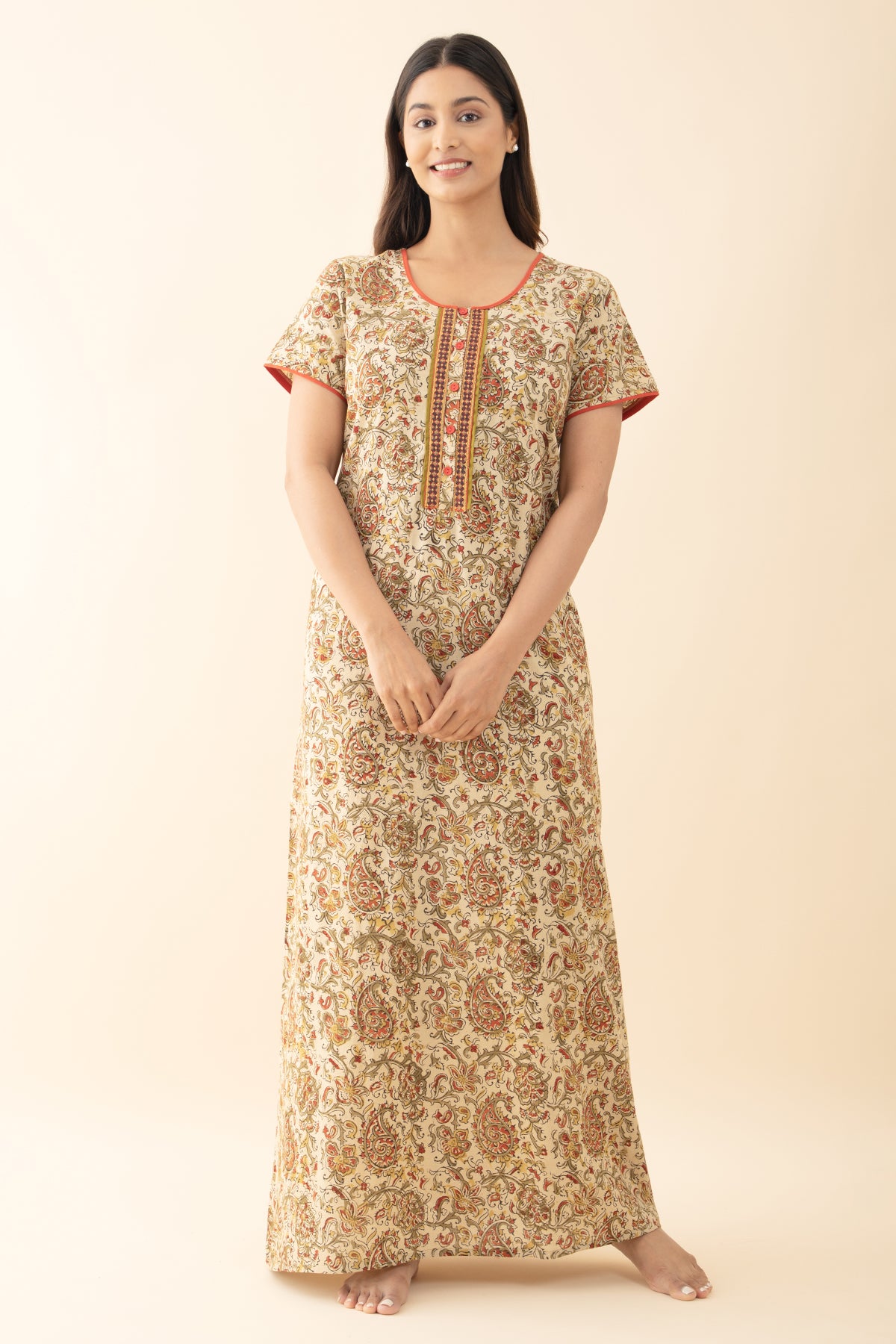 Kalamkari Printed & Embroidered Nighty - Green