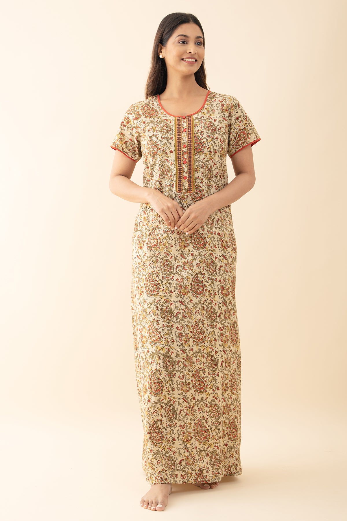 Kalamkari Printed & Embroidered Nighty - Green