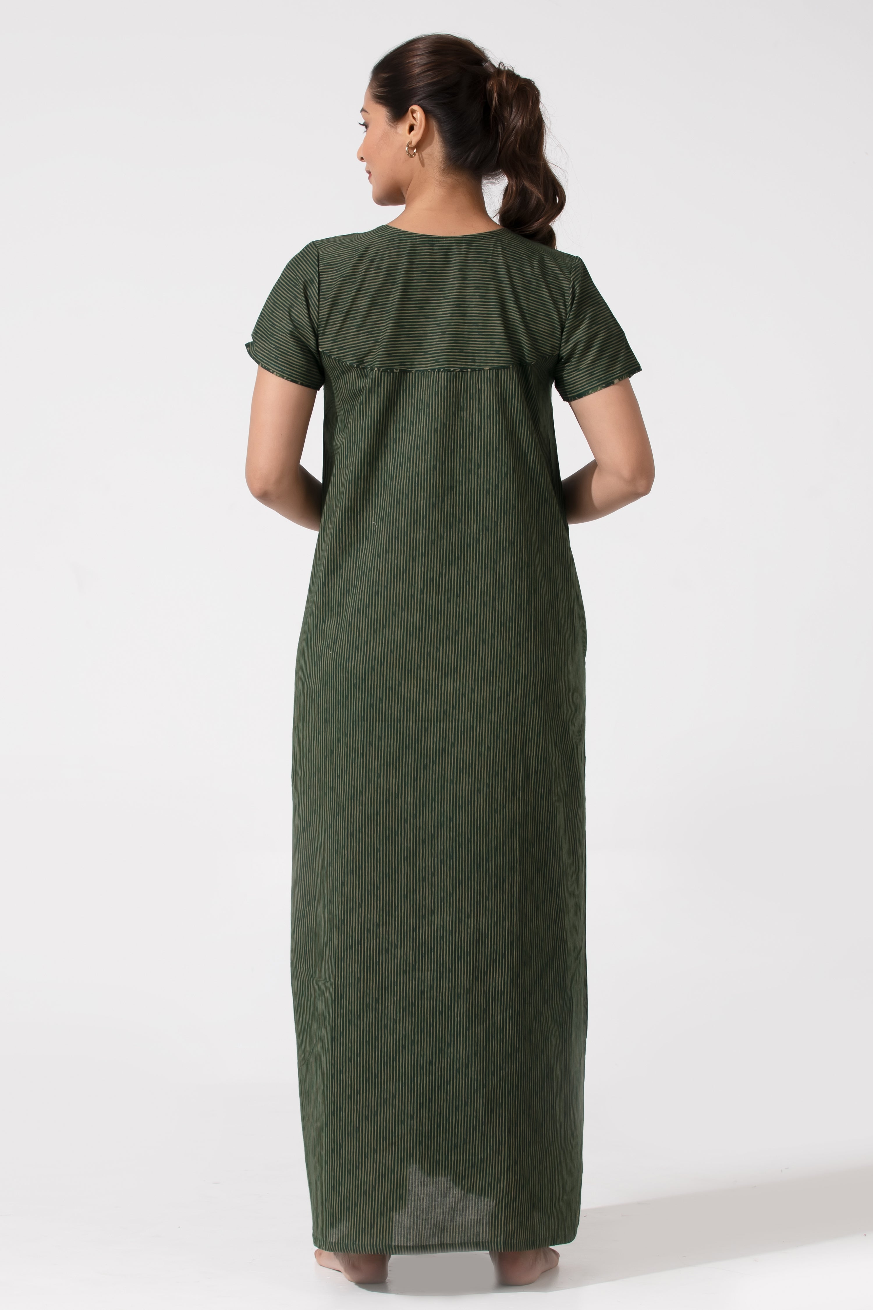 Green Printed Cotton Nighty with Button Yoke & Relaxed Fit