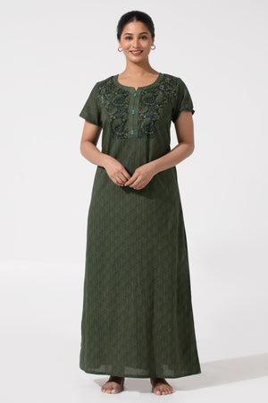 Green Printed Cotton Nighty with Button Yoke & Relaxed Fit