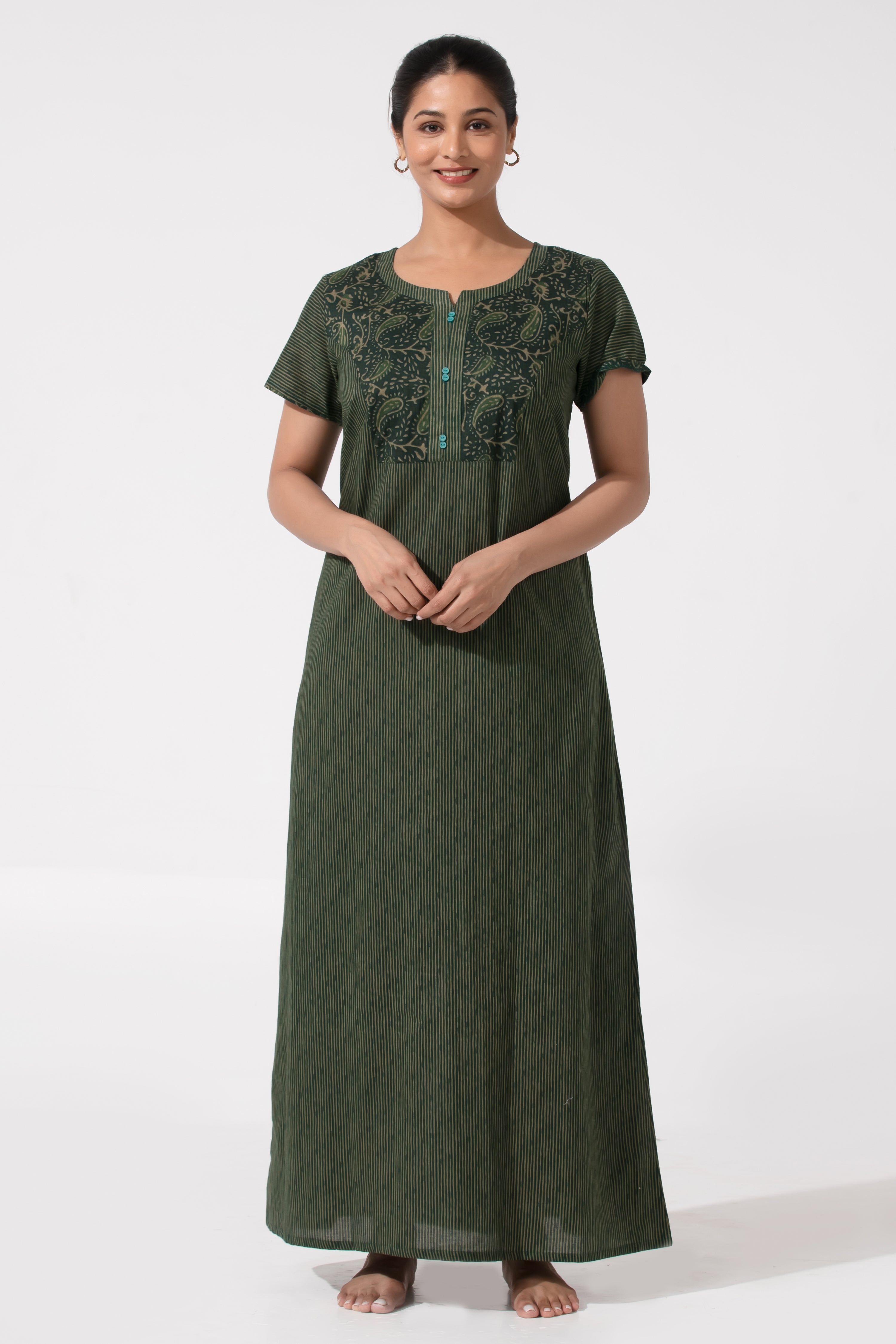 Green Printed Cotton Nighty with Button Yoke & Relaxed Fit