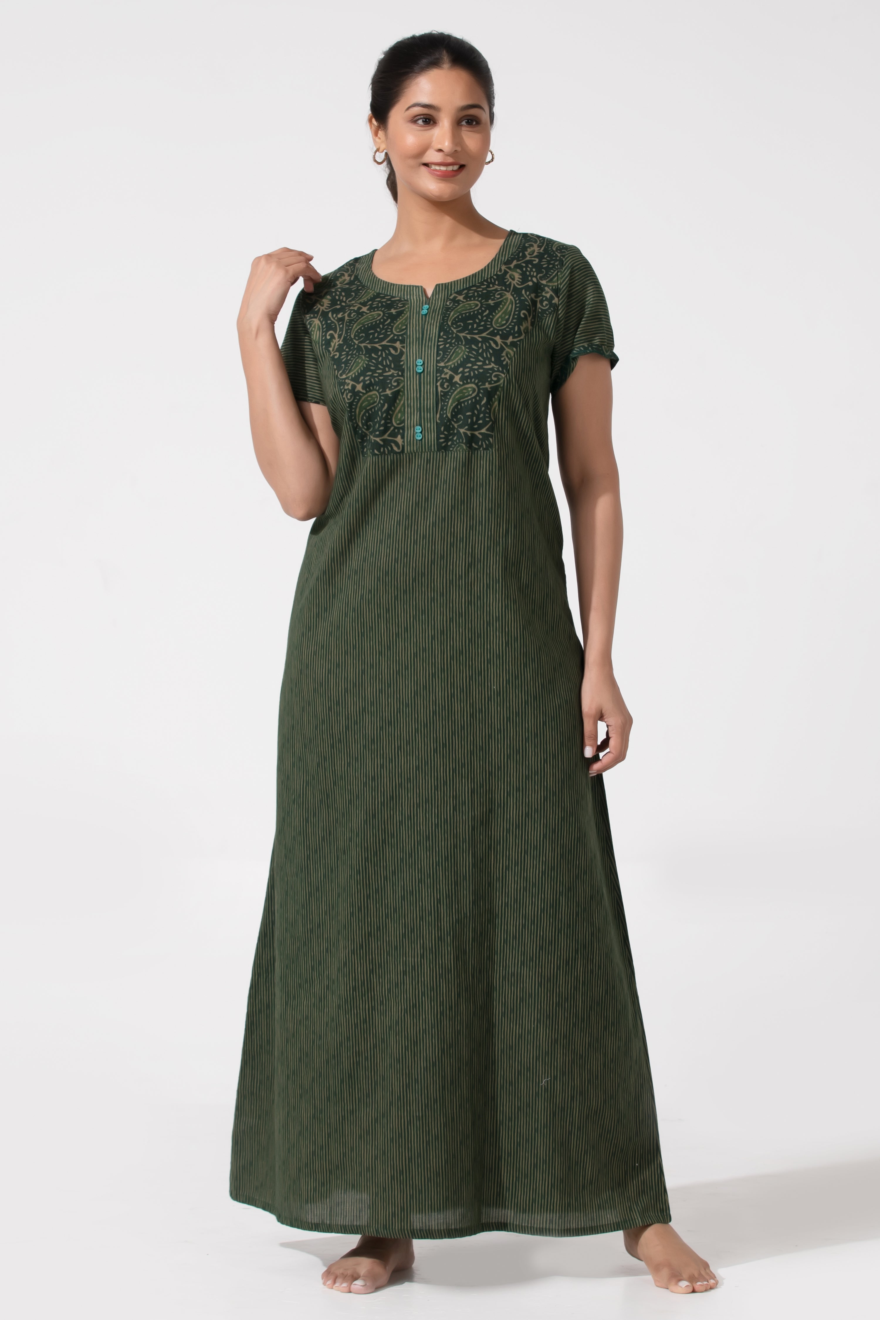 Green Printed Cotton Nighty with Button Yoke & Relaxed Fit