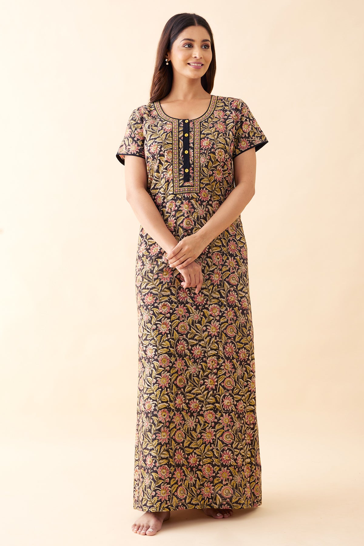 Kalamkari Embroidered Nighty - Black