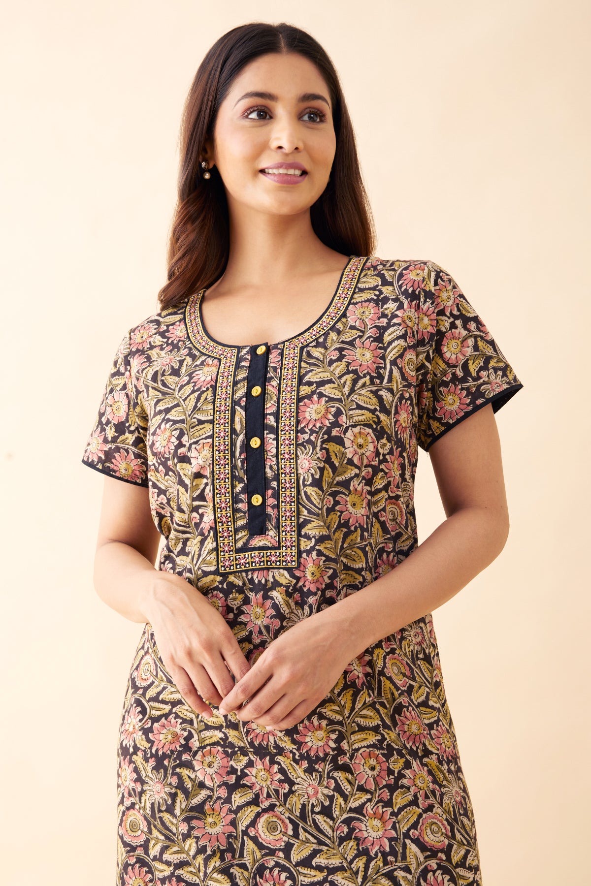 Kalamkari Embroidered Nighty - Black