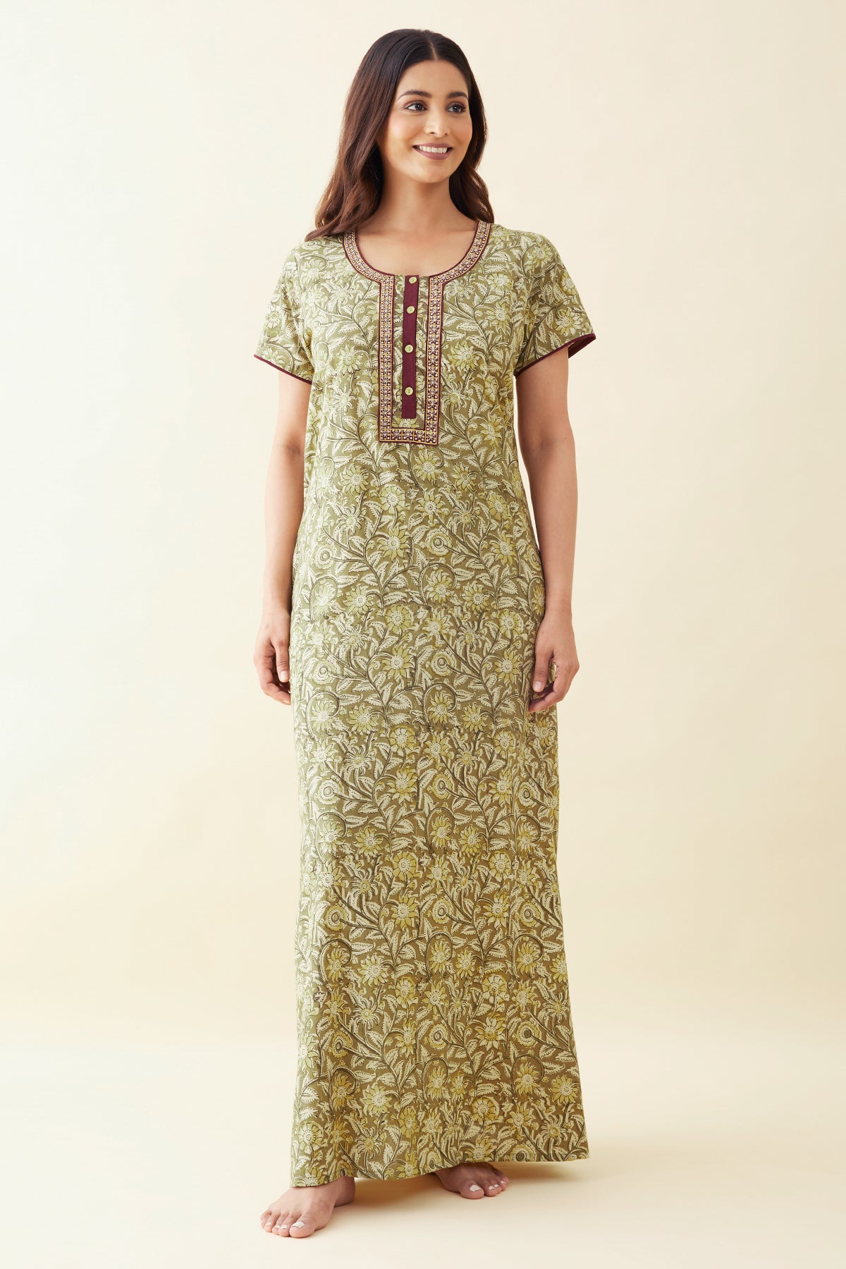 Kalamkari Embroidered Nighty - Green