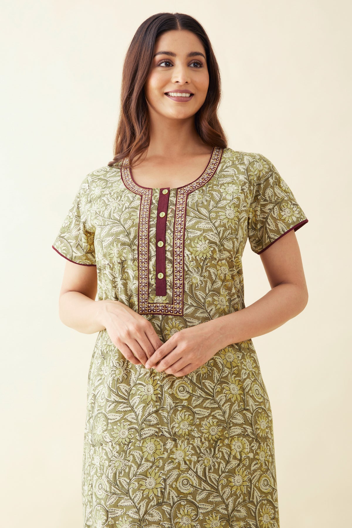 Kalamkari Embroidered Nighty - Green