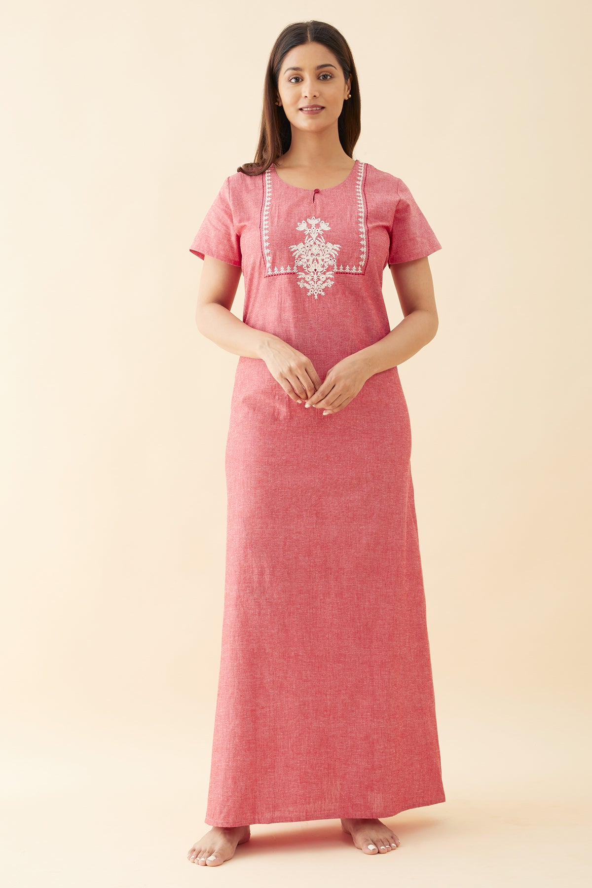 Monochrome Nighty with Floral Embroidered Yoke Pink
