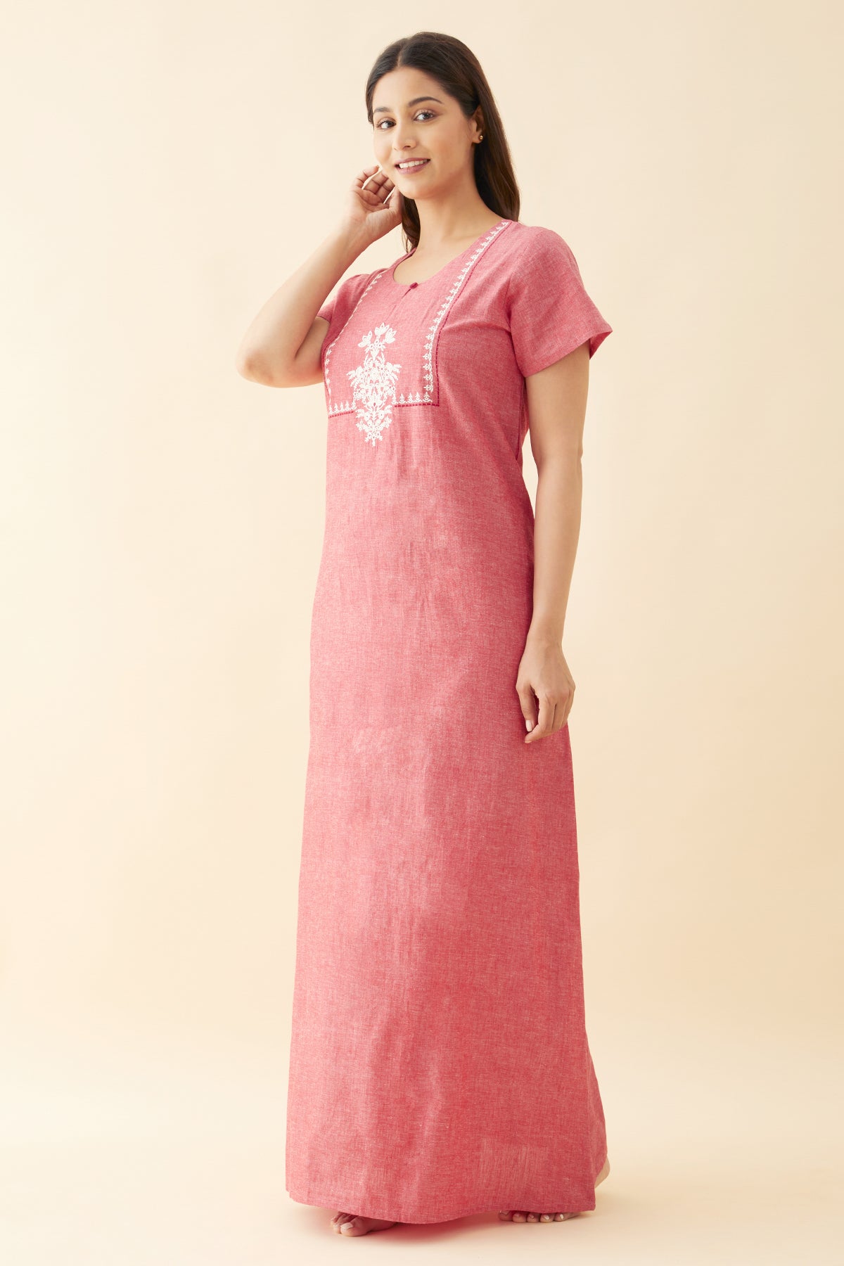 Monochrome Nighty with Floral Embroidered Yoke Pink
