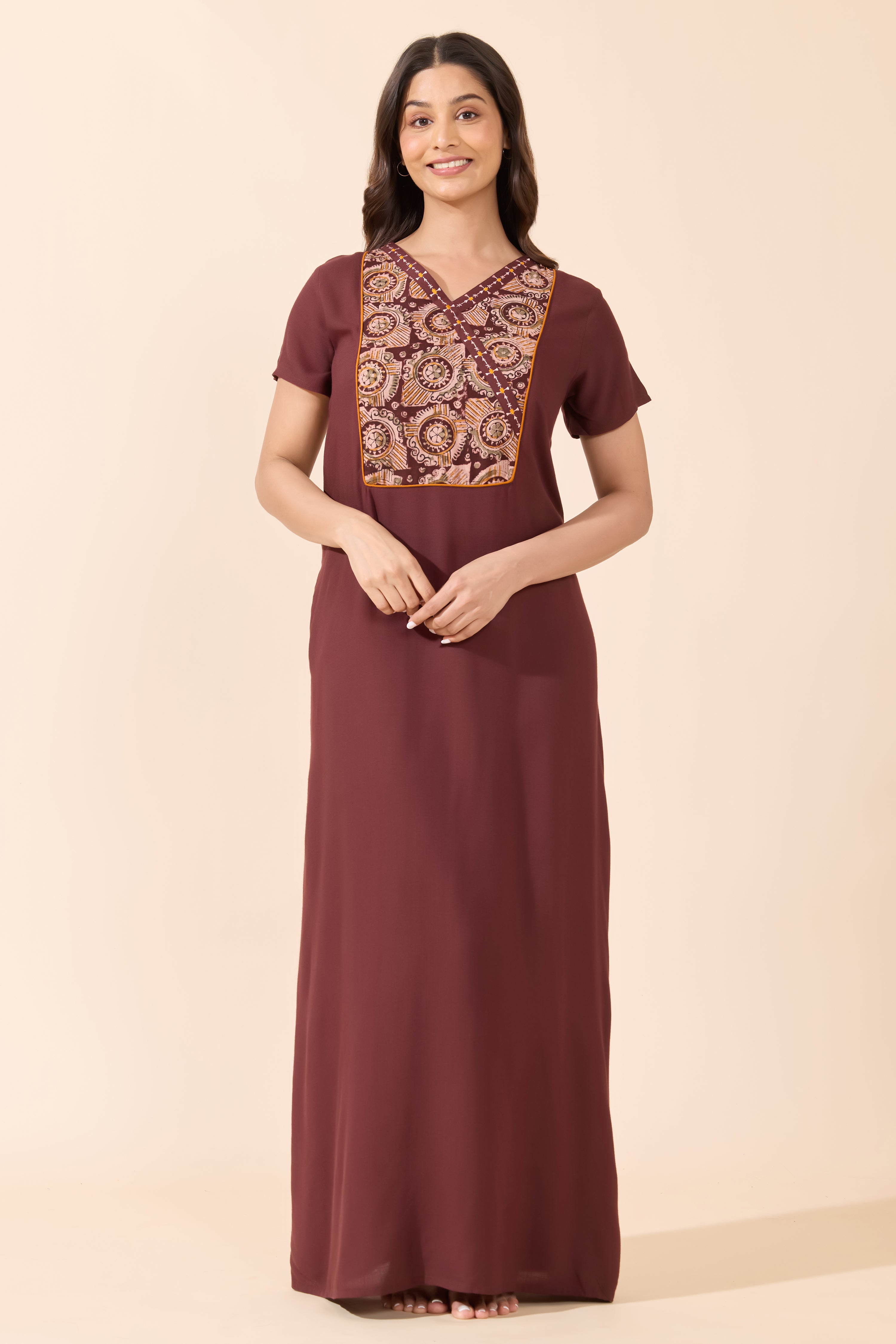 Brown Cotton Kalamkari Nightwear