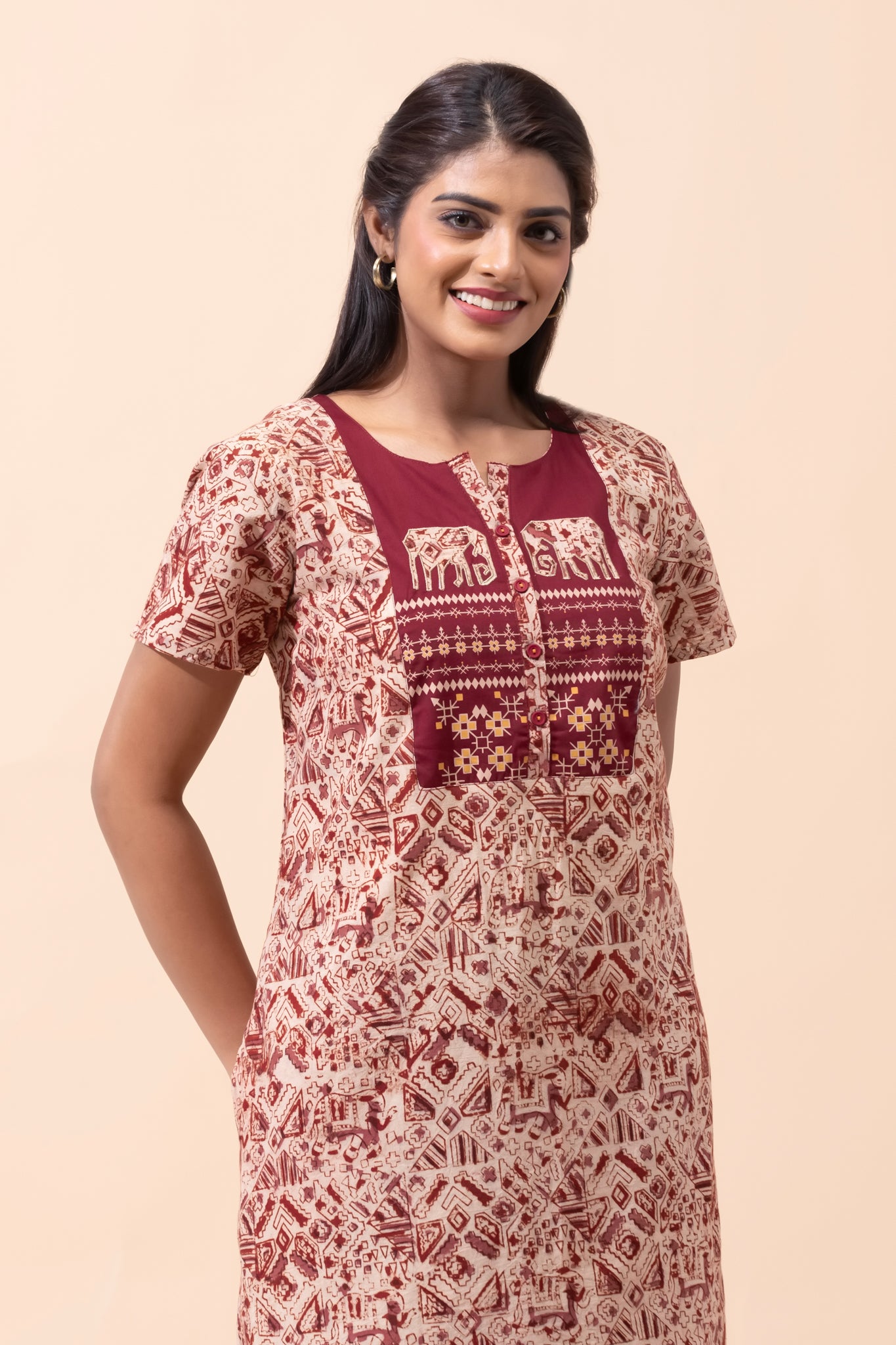 Maroon Kalamkari Cotton Nightwear