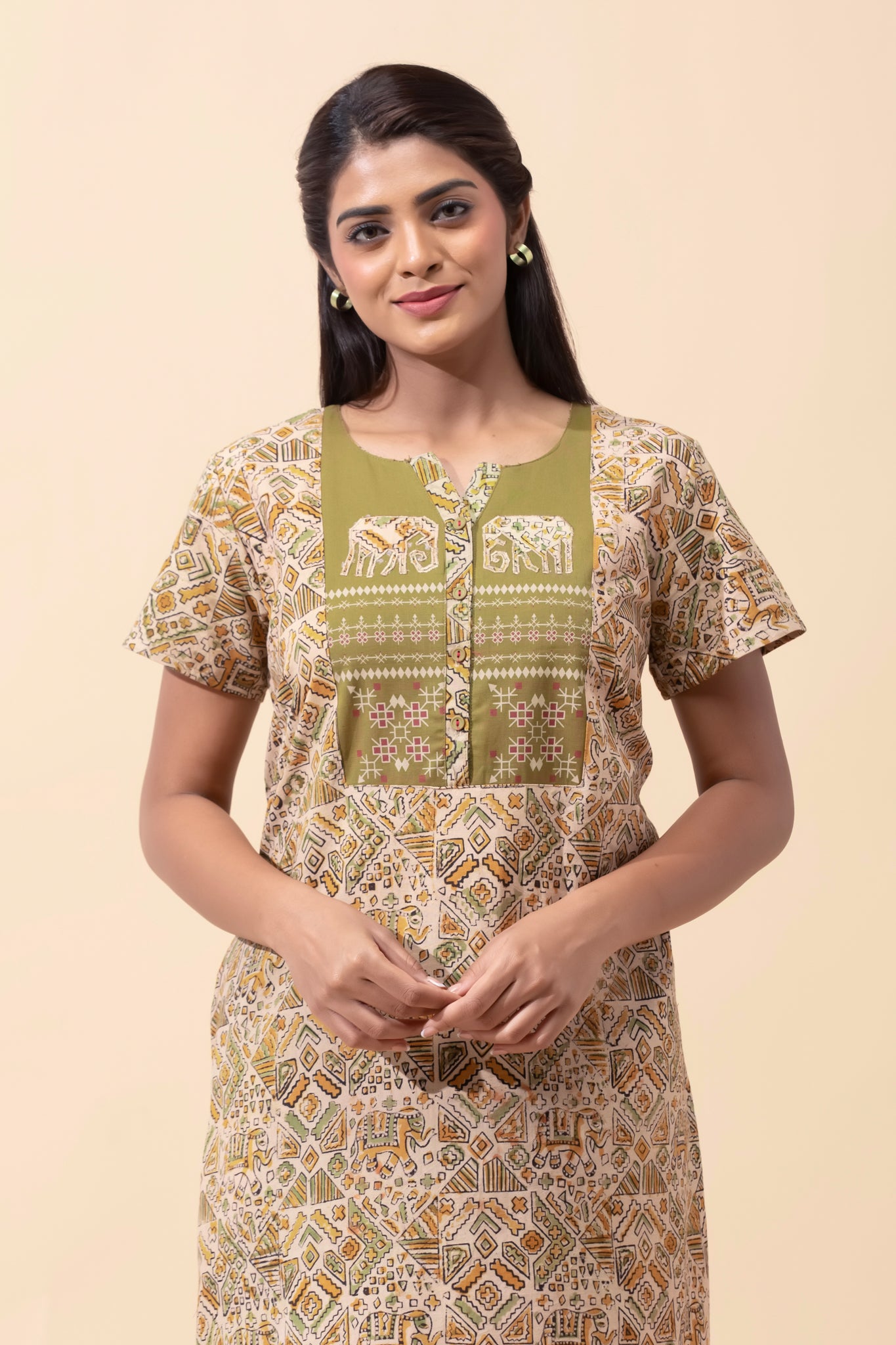 Mustard Kalamkari Cotton Nightwear