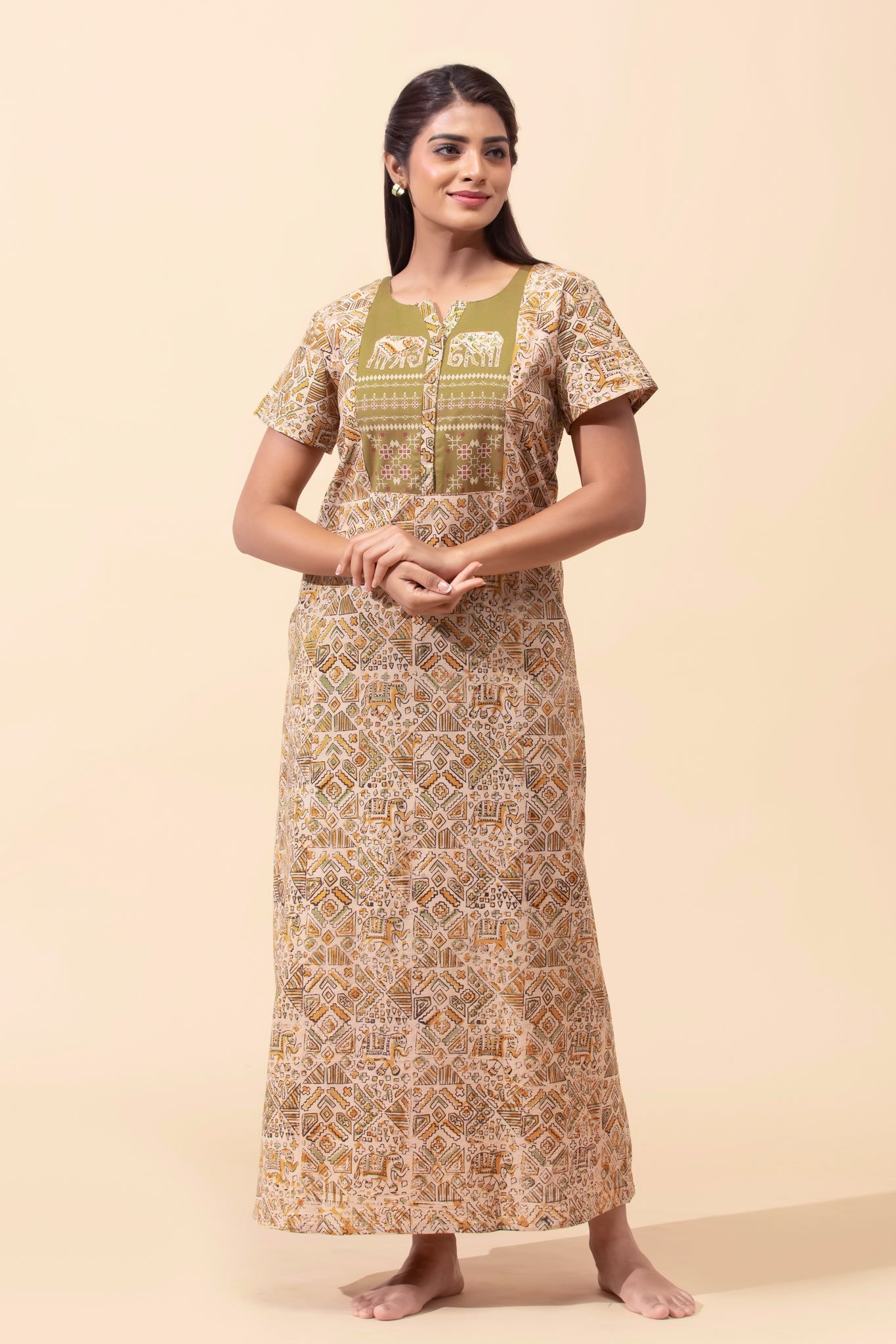 Mustard Kalamkari Cotton Nightwear