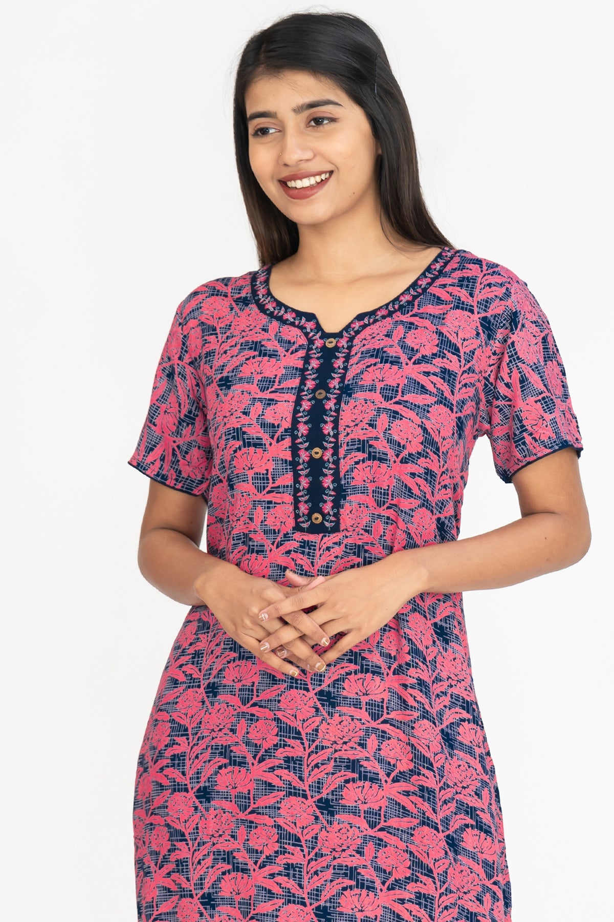 All Over Abstract & Floral Print With Contrast Embroidered Yoke Nighty - Pink