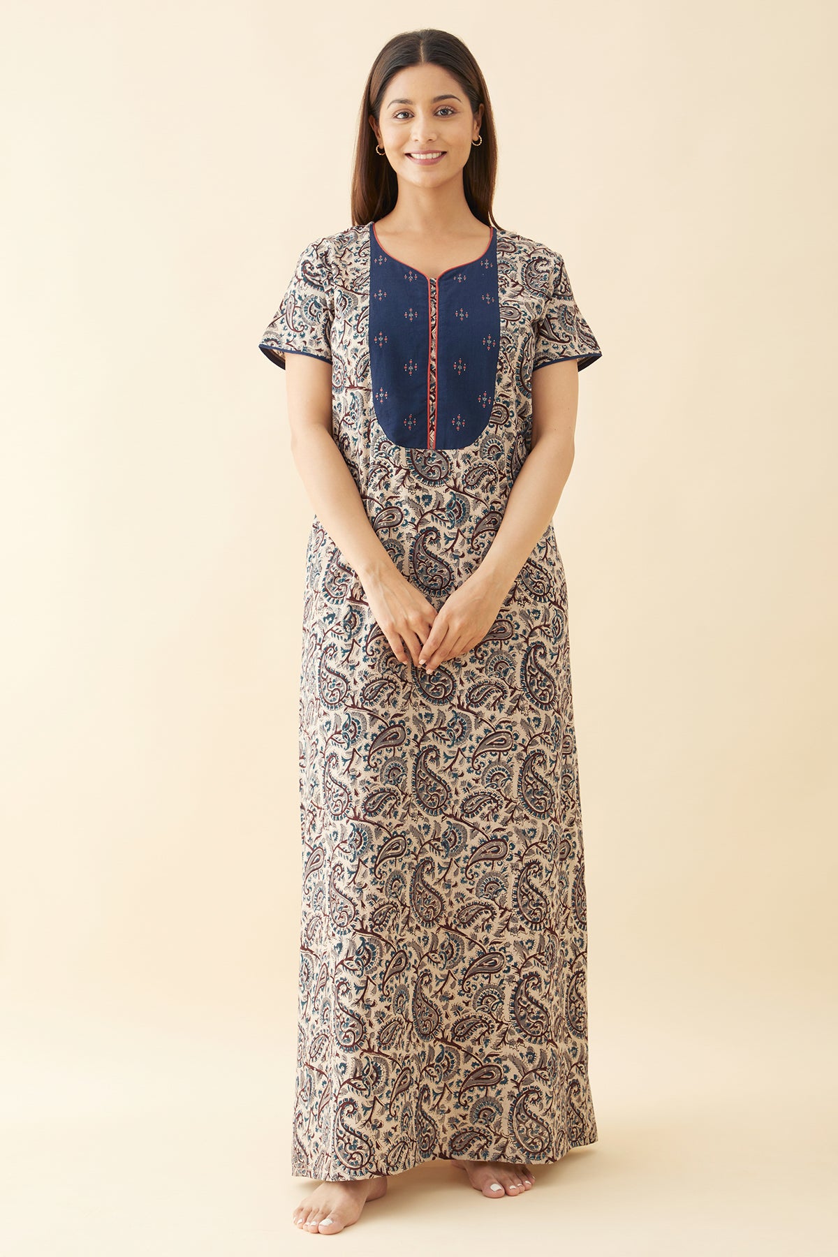 Kalamkari Nighty with Printed Yoke - Blue
