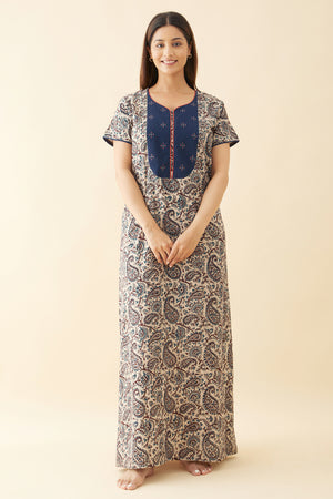 Kalamkari Nighty with Printed Yoke - Blue
