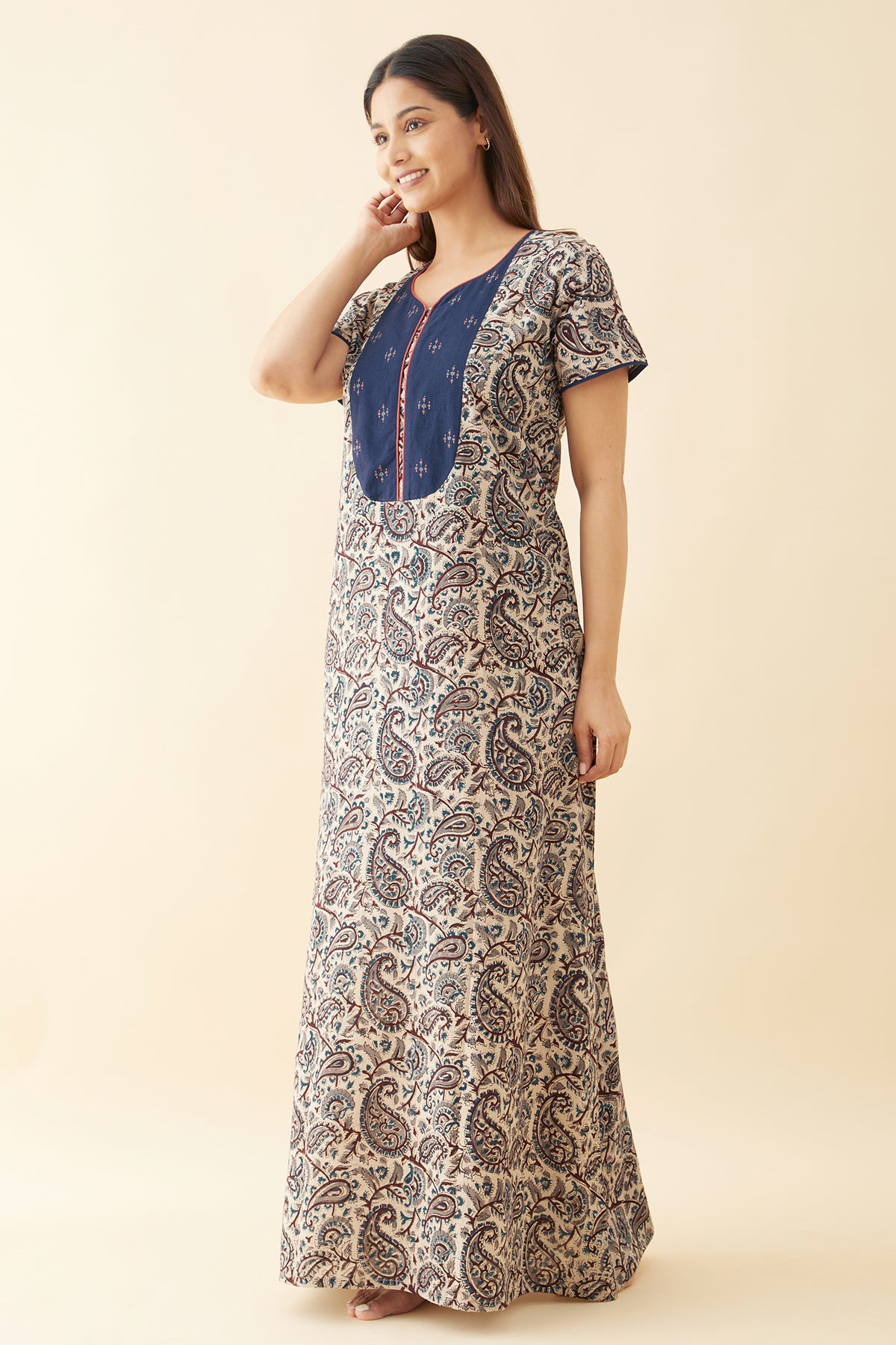 Kalamkari Nighty with Printed Yoke - Blue
