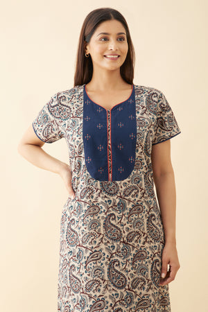 Kalamkari Nighty with Printed Yoke - Blue
