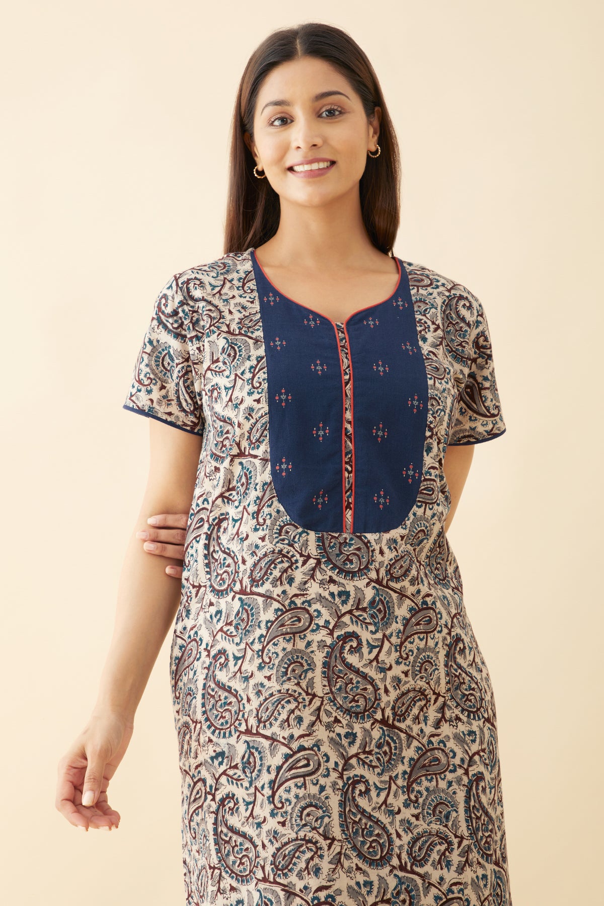 Kalamkari Nighty with Printed Yoke - Blue
