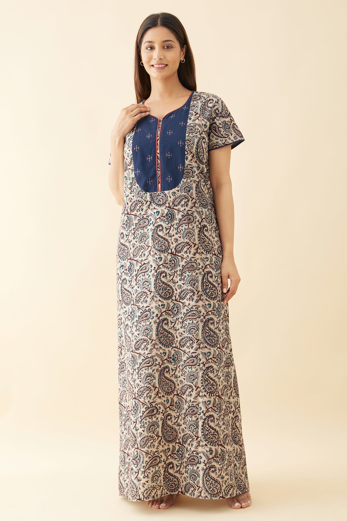 Kalamkari Nighty with Printed Yoke - Blue
