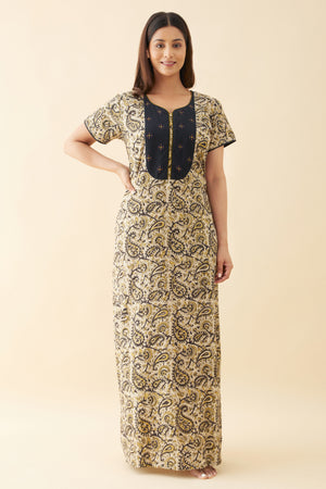 Kalamkari Nighty with Printed Yoke - Green
