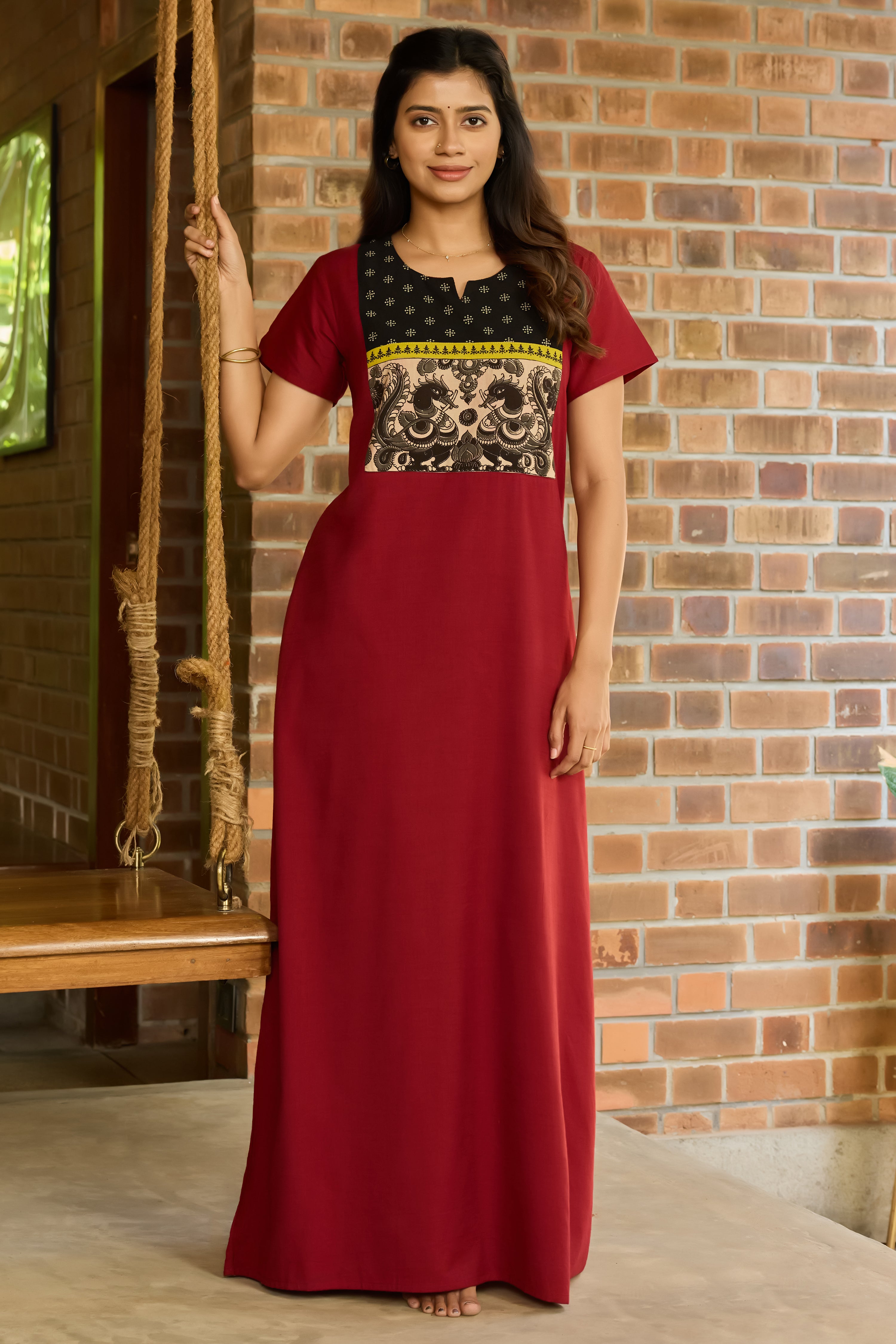 MAROON SOLID COTTON NIGHTWEAR WITH KALAMKARI YOKE