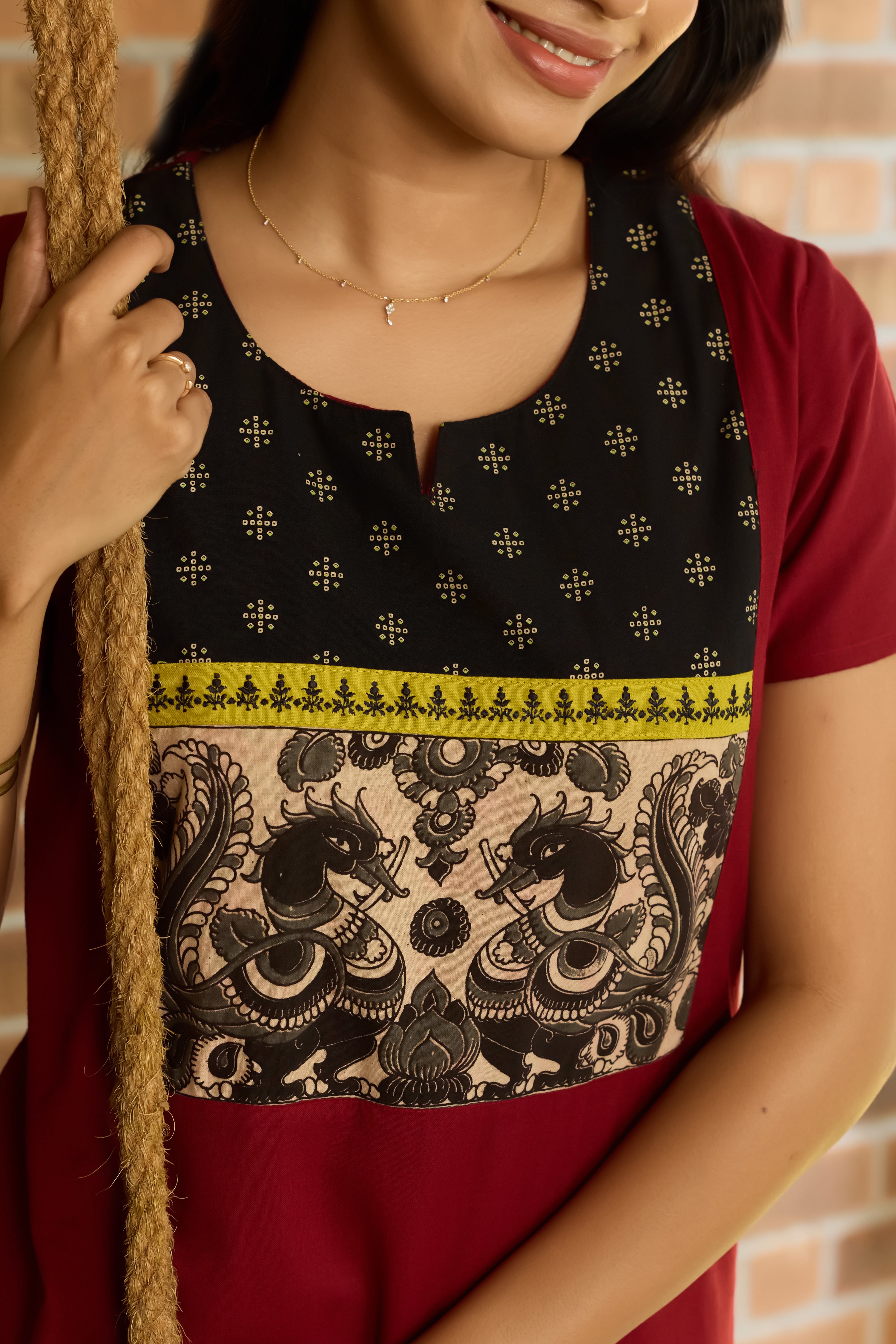 MAROON SOLID COTTON NIGHTWEAR WITH KALAMKARI YOKE